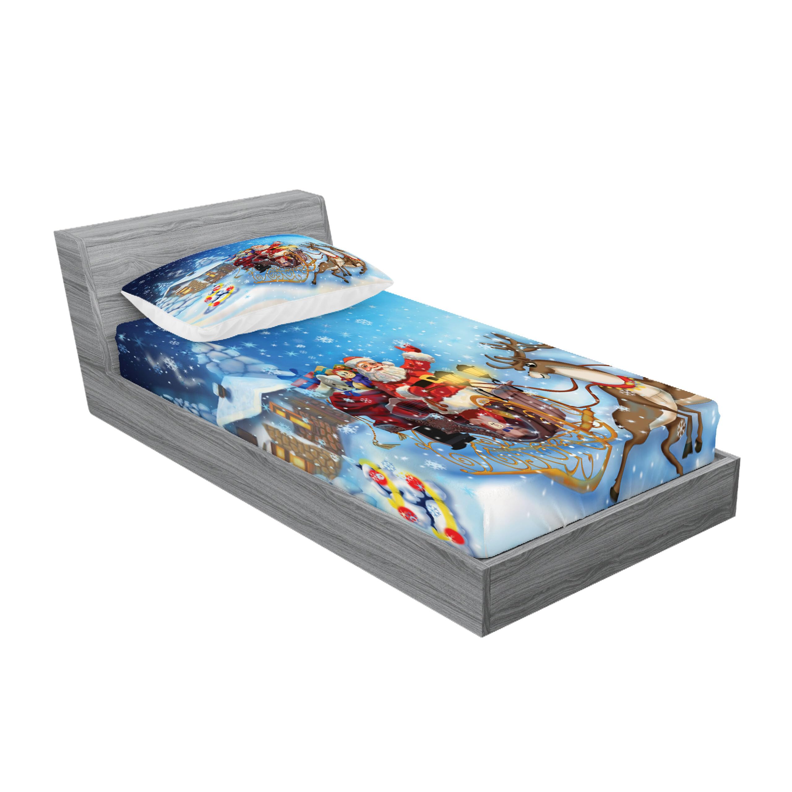 Ambesonne Christmas Fitted Sheet & Pillow Sham Set, Santa in Sleigh Reindeer and Toys Snowy North Pole Tale Fantasy Image, Decorative Printed 2 Piece Bedding Decor Set, Twinxl, Dark Sky Blue