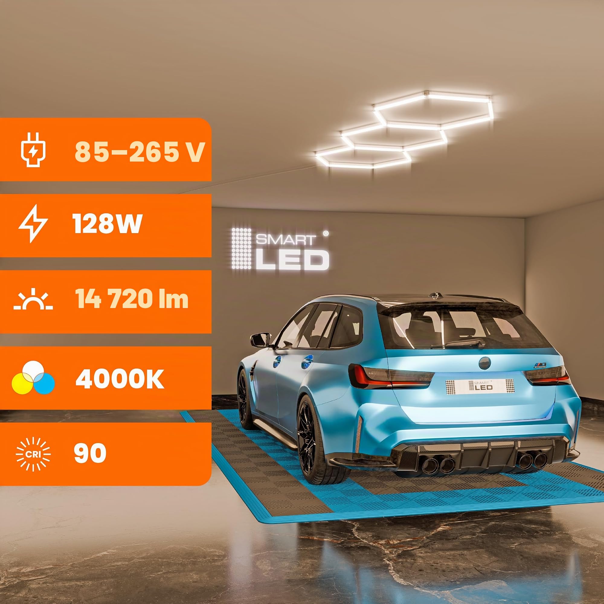 Hexagon LED Deckenlampe 248x97 cm – 16er Set Werkstattbeleuchtung 128W 14720lm – 4000K neutrale Farbe – IP54 flimmerfrei – LED Garagenbeleuchtung, Tattoo, Detailing, (248 x 97CM, neutrale Farbe)