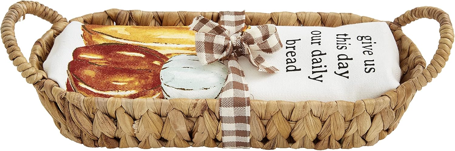 Mud Pie Harvest Bread Basket & Towel Set, basket 5.5" x 13
