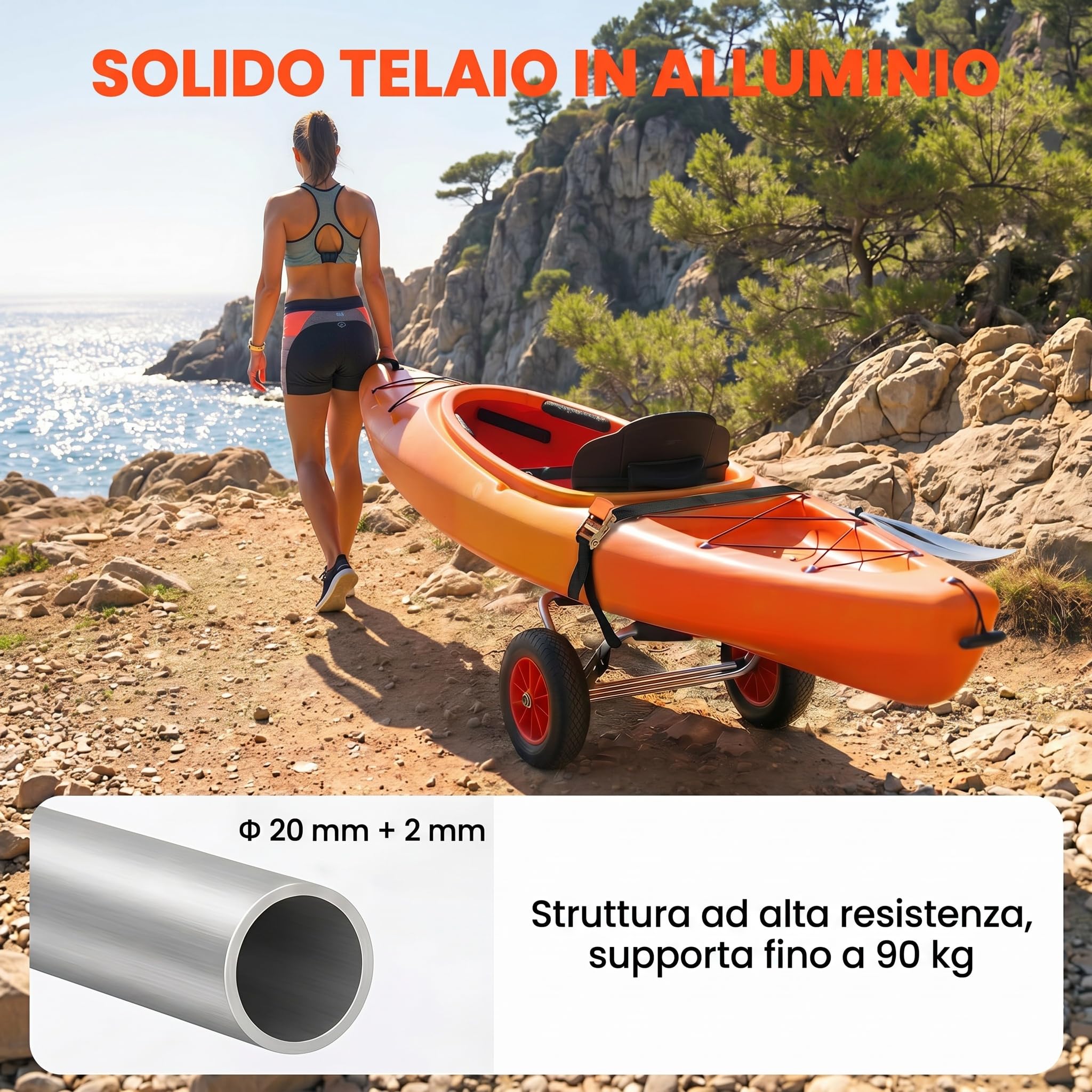 HOMCOM Carrellino da Spiaggia Pieghevole per Kayak e Canoa con Paraurti e Doppio Cavalletto, Carrello Spiaggia in Alluminio e NBR, 70x40x42 cm, Multicolore