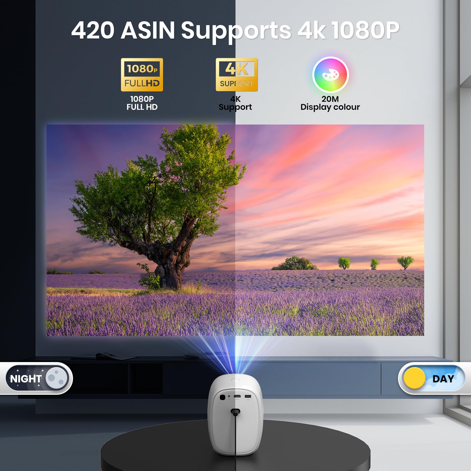 Proiettore 4K Lower Noise con Wi-Fi e BT5.2, accesso a app con un clic e audio 3D | Sistema operativo TV integrato, correzione automatica dell'immagine, HDR10, FHD nativo 1080p, ideale per home theater, bianco