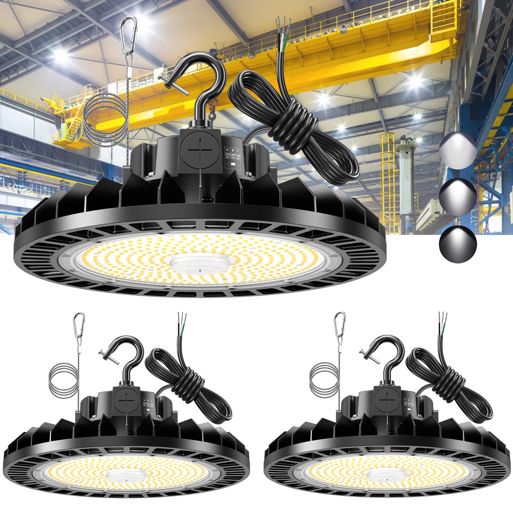 3 Pack 480V High Bay Light UFO LED 240W 200W 150W Adjustable ETL DLC Listed 5000K LED Warehouse