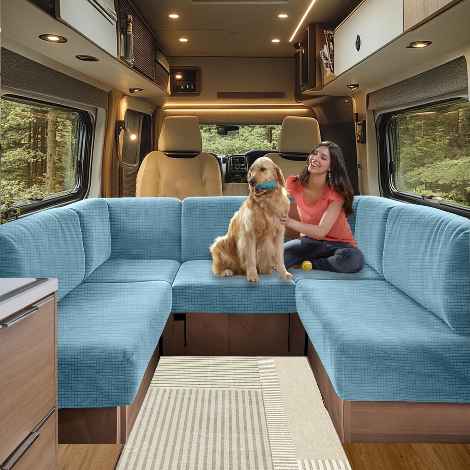 SHUOJIA Bezüge Für Wohnwagenpolster Jacquard, rutschfeste Wohnmobil Sitzbezüge Mit Verstellband, Sofa Sitzkissenbezug Für Schonbezug Wohnwagen Polster waschbar (Light Blue,W 65-95cm, D 65-95cm)