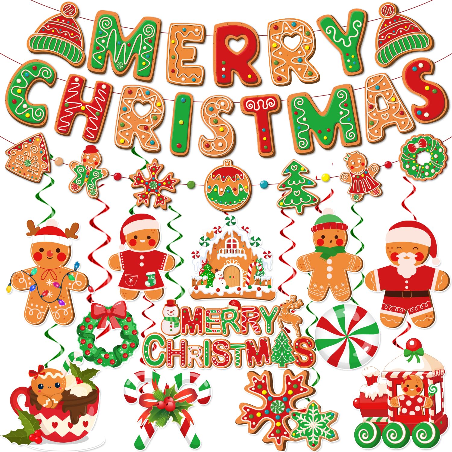 Gingerbread Christmas Decorations, Christmas Ginger bread Decorations includes Xmas Banner and Hanging Swirls, Ginger bread Garland for Xmas Holiday Party