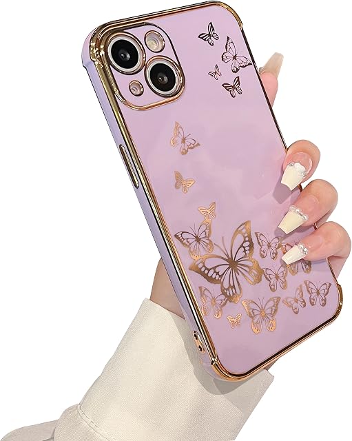 ZTOFERA Case for iPhone 13, Plating Butterfly Pattern Case with Electroplate Golden Edging, Flexible TPU Protective Shockproof Bumper Cover for iPhone 13 6.1" - Purple