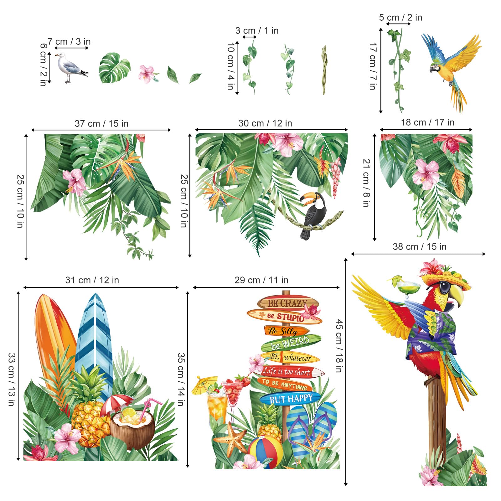 decalmile Autocollants Fenêtre Tropicales Feuilles Pendaison Vigne Été Anti-Collision Stickers Perroquets Tropicaux Plantes Vert Stickers Vitre Anti-Adhésifs Fenêtre Porte Cuisine Décalques - 4