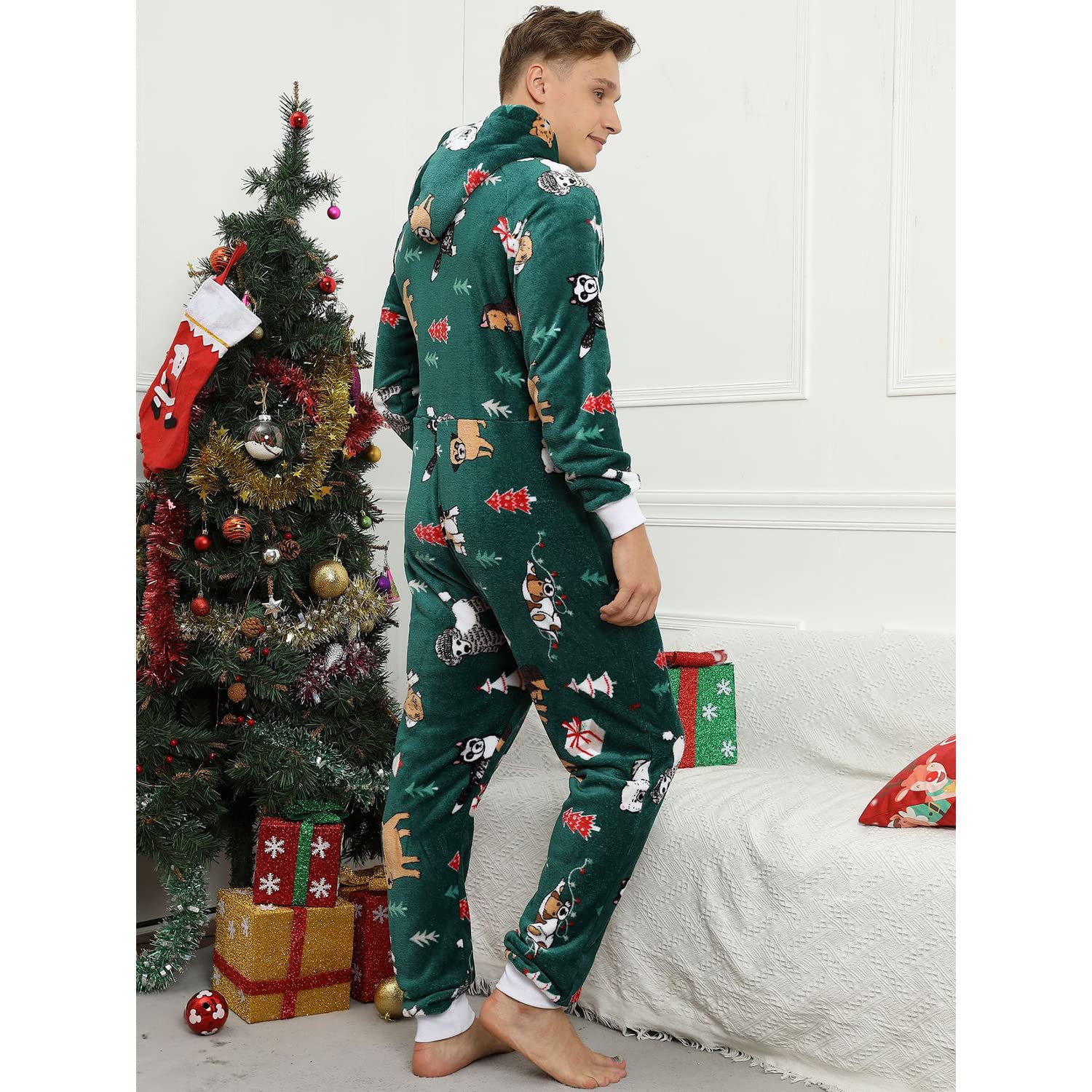 Pijama Navidad Una Pieza Hombre Franela Pijamas Mono Entero con Capucha Manga Larga Invierno Calentito Jumpsuit Adulto Onesie Ropa de Casa Dormir Verde XL