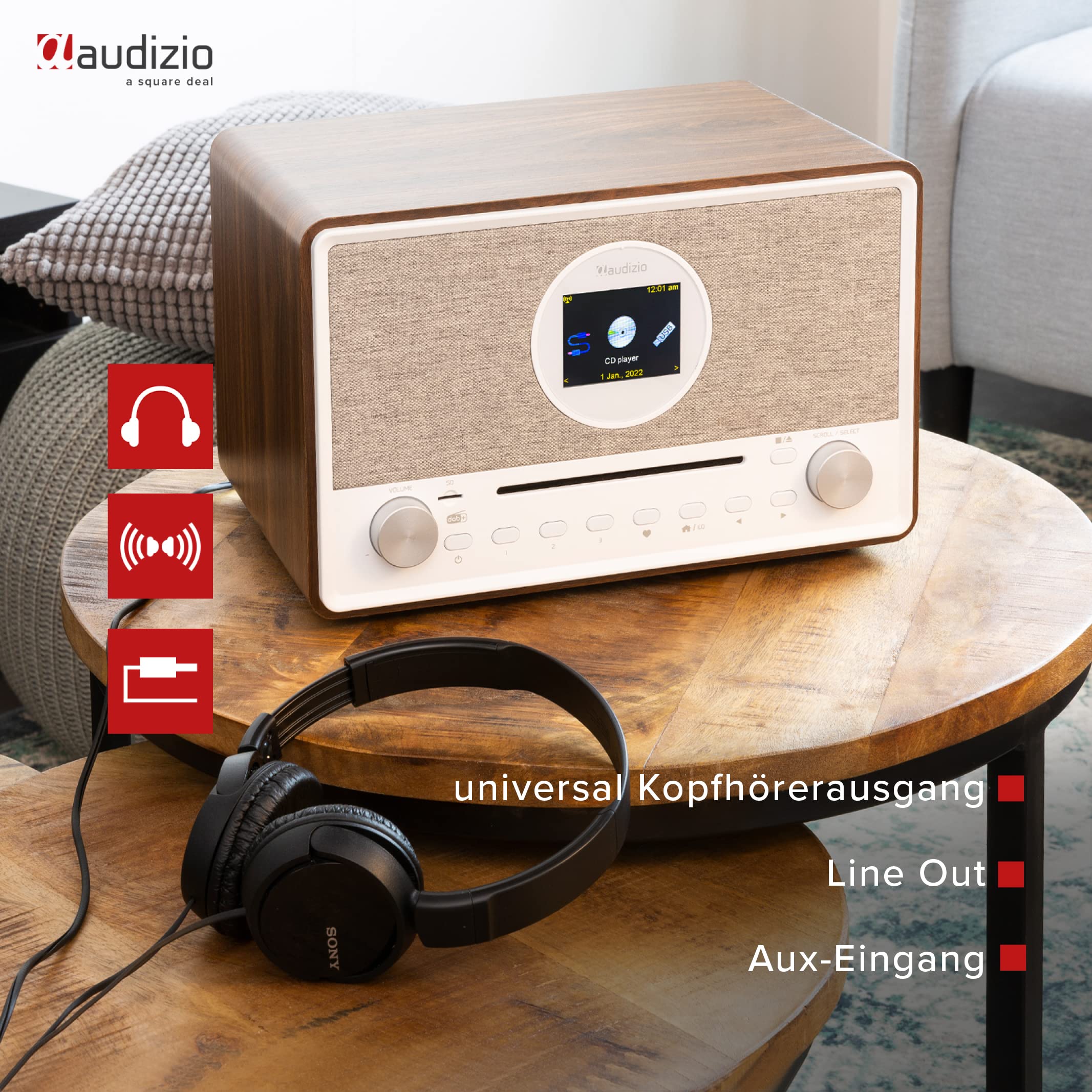 Audizio Lucca Radio Dab+ Internet Wi-FI 60W - Bois, Écran LCD 2,8", Bluetooth 5.0, CD, Deux Haut-Parleurs, Sortie Casque, Télécommande Incluse, Idéale pour Écouter la Radio à la Maison