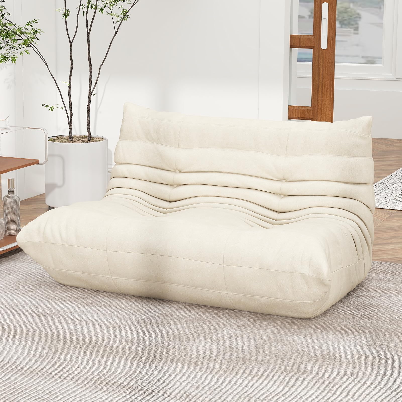 Full Foam Loveseat Sofa,Adults Bean Bag Chairs Floor Couch with Soft Waterproof Fabric,Armless Fireside Lounge Chair for Living Room,Apartment and Office (Whtie)