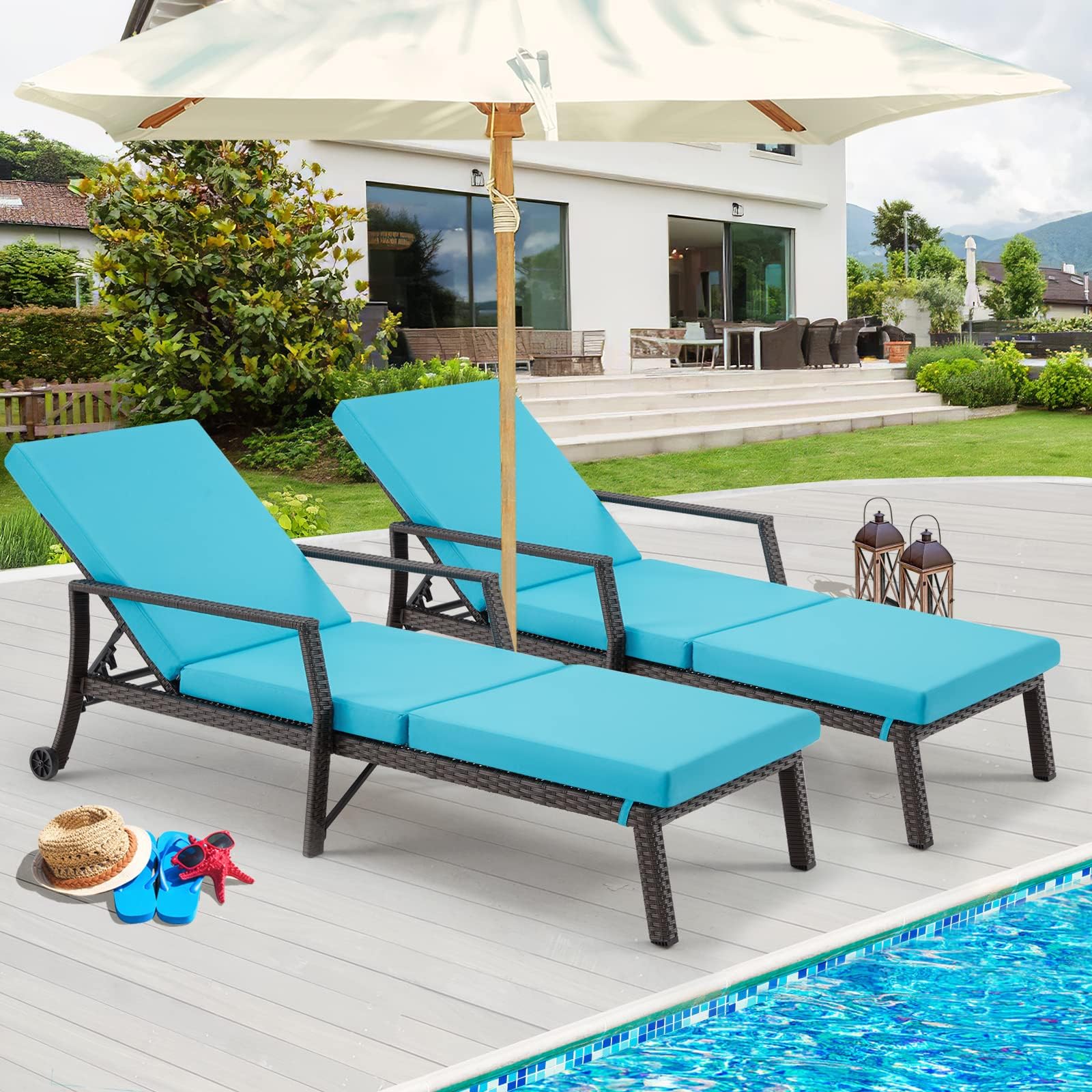 JOMEED 2 PCS Lounge Chair for Outside, Adjustable 5 Position Rattan Wicker Outdoor Chaise Lounge Set of 2 with Wheels & Thickened Cushion for Poolside, Patio, Garden, Deck
