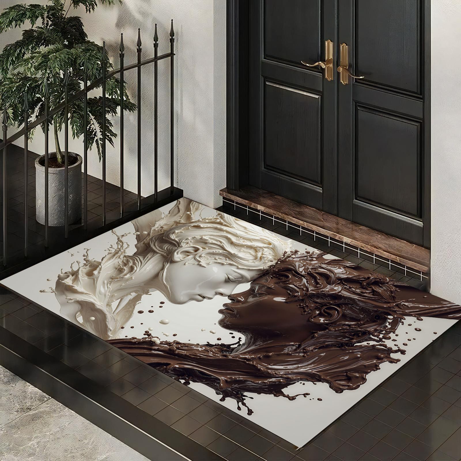 Zerbino 90X150Cm Per Interni Ed Esterni,Ritratto 3D Cioccolato Latte,Tappetino Lavabile In Lavatrice,Zerbini Resistente Morbido Antiscivolo,Astratta Schizzi D'Inchiostro,Tappeto Ingresso,Beige Marrone
