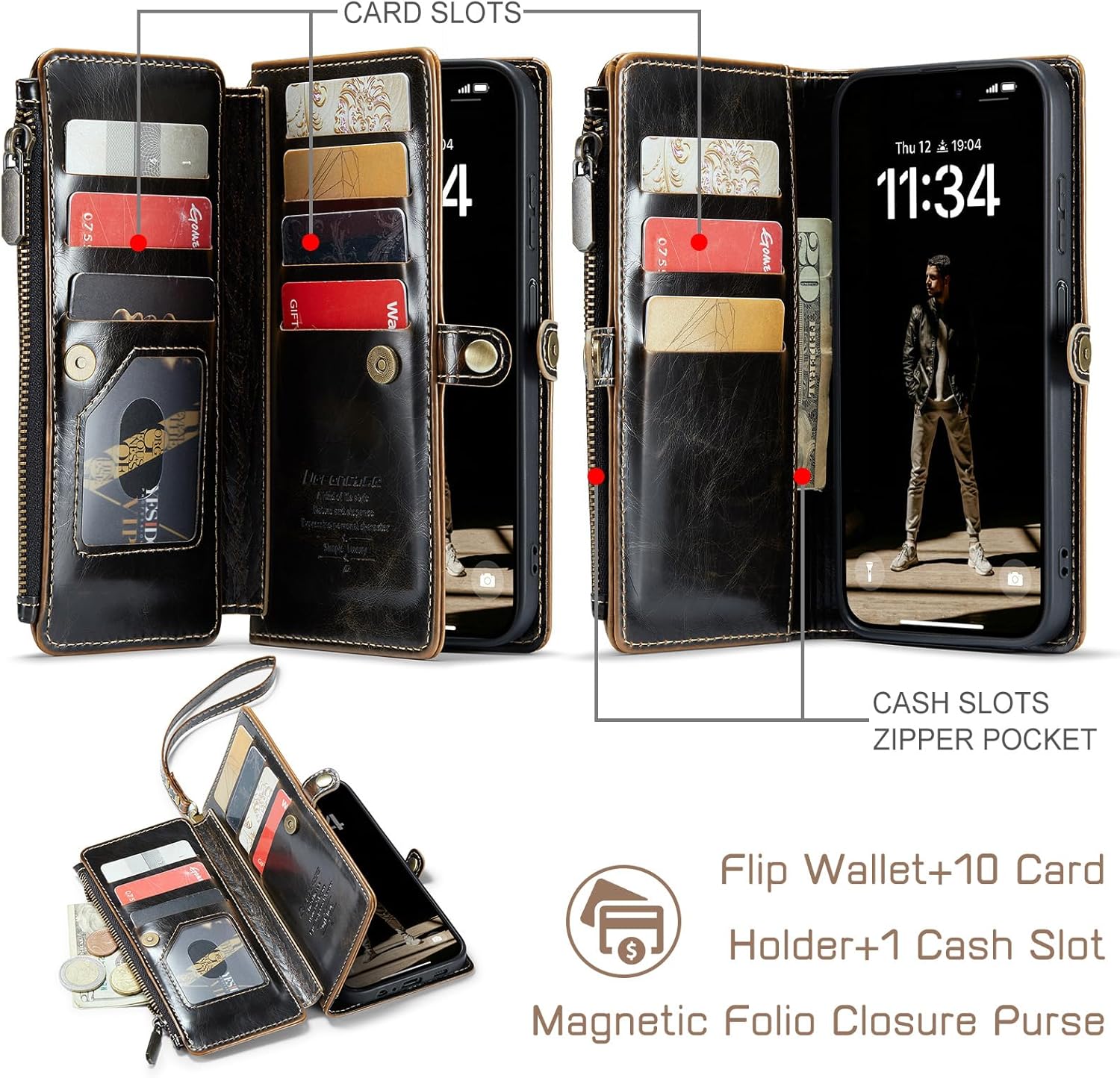 Defencase Wallet Case Compatible with Motorola Moto G Stylus 5G 2023 with RFID Blocking Zipper Card Holder Fashion Soft PU Leather Magnetic Snap Flip Strap Phone Case Wallet for Women Men, Coffee - Image 3