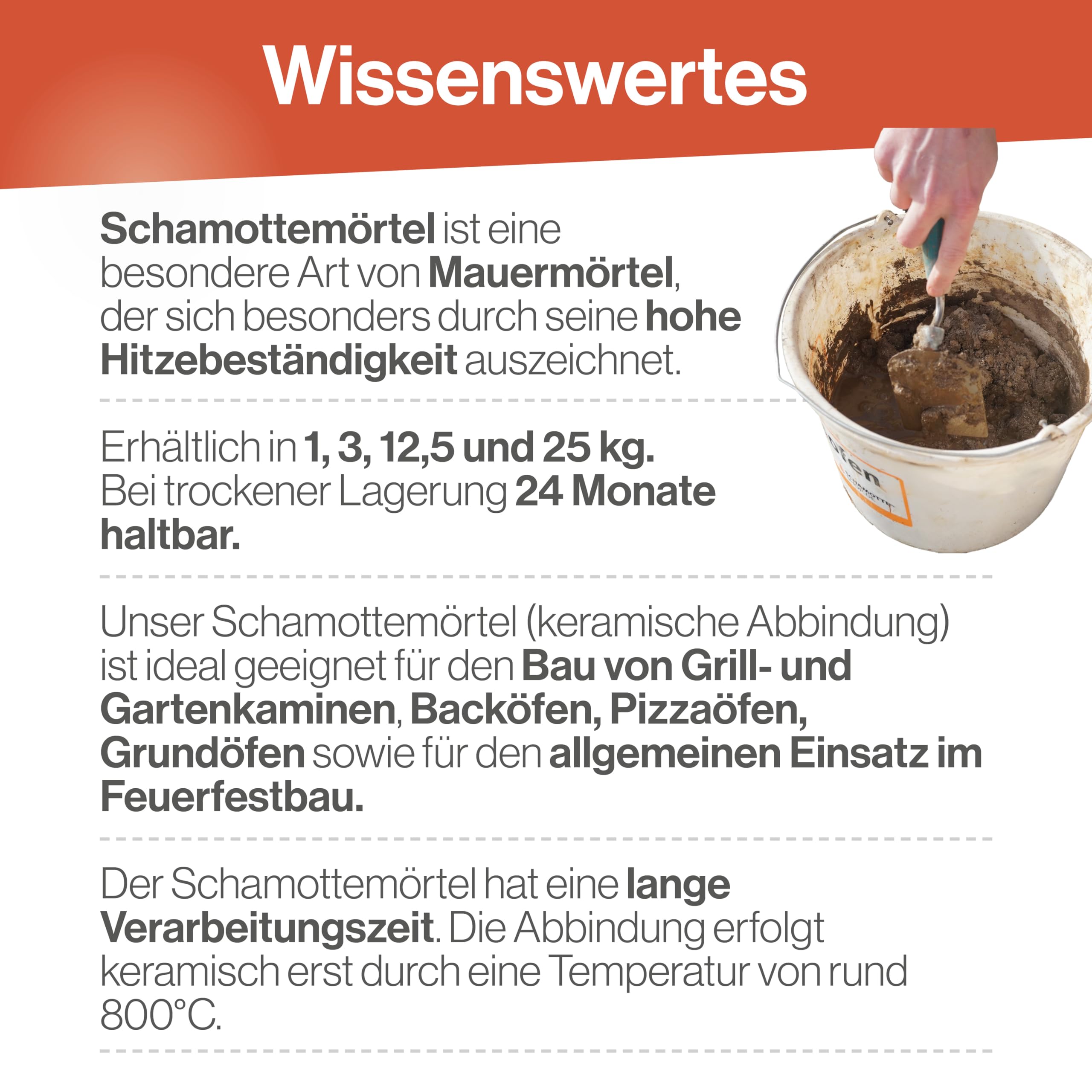 Feuerfest 123 - Schamottemörtel [Menge 25 kg] - Für Kaminöfen, Öfen & Grills - Feuerfester Mörtel 1.450 °C hitzebeständig - keramische Abbindung - Kaminmörtel Reparaturmörtel für Schamotte