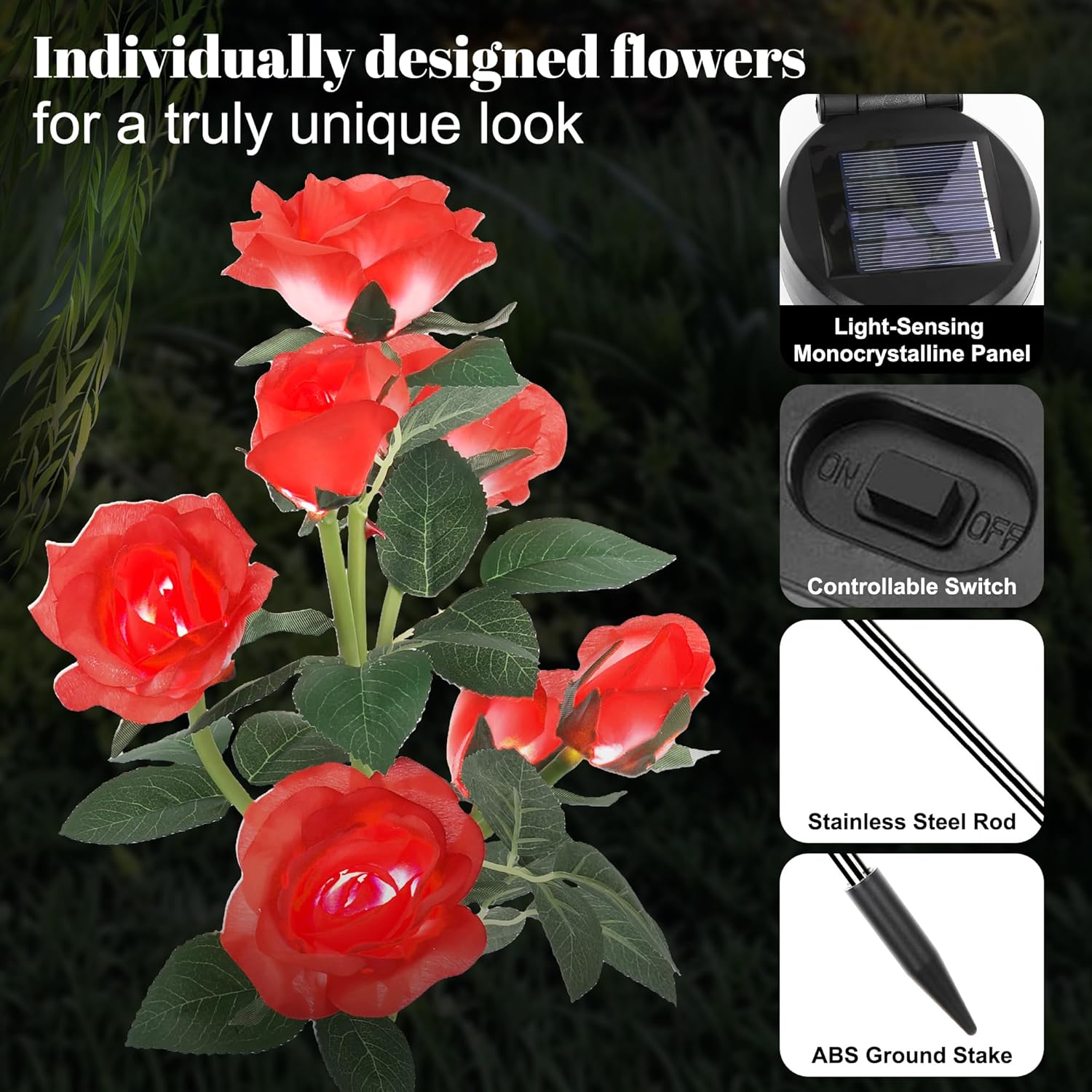 Solar Rose Lights Outdoor, 2 Pack Waterproof Color Changing LED Flower Lights, Solar Powered Garden Stakes for Yard, Patio, Pathway Decor - Artificial Floral Decorative Lighting