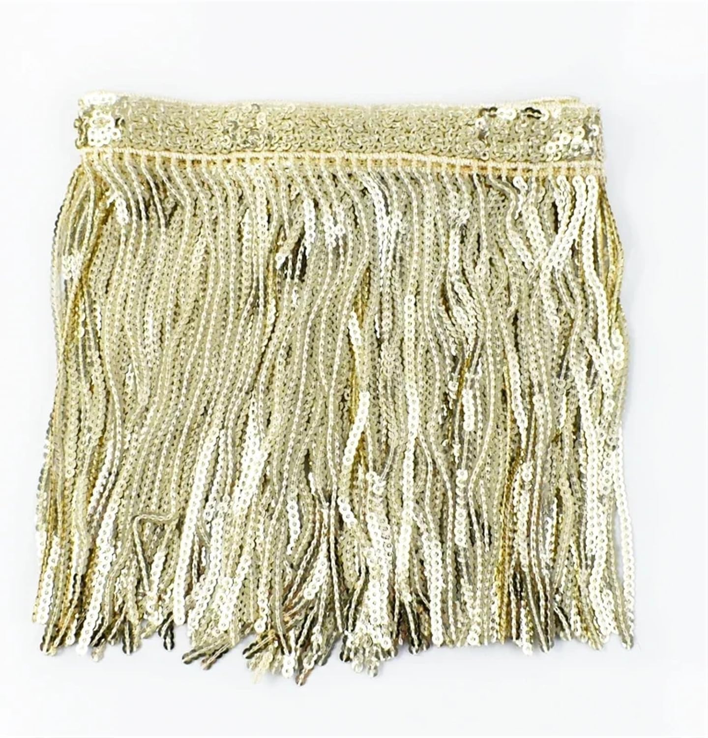 Encaje con flecos y lentejuelas de alta gama en oro para trajes de espectáculo