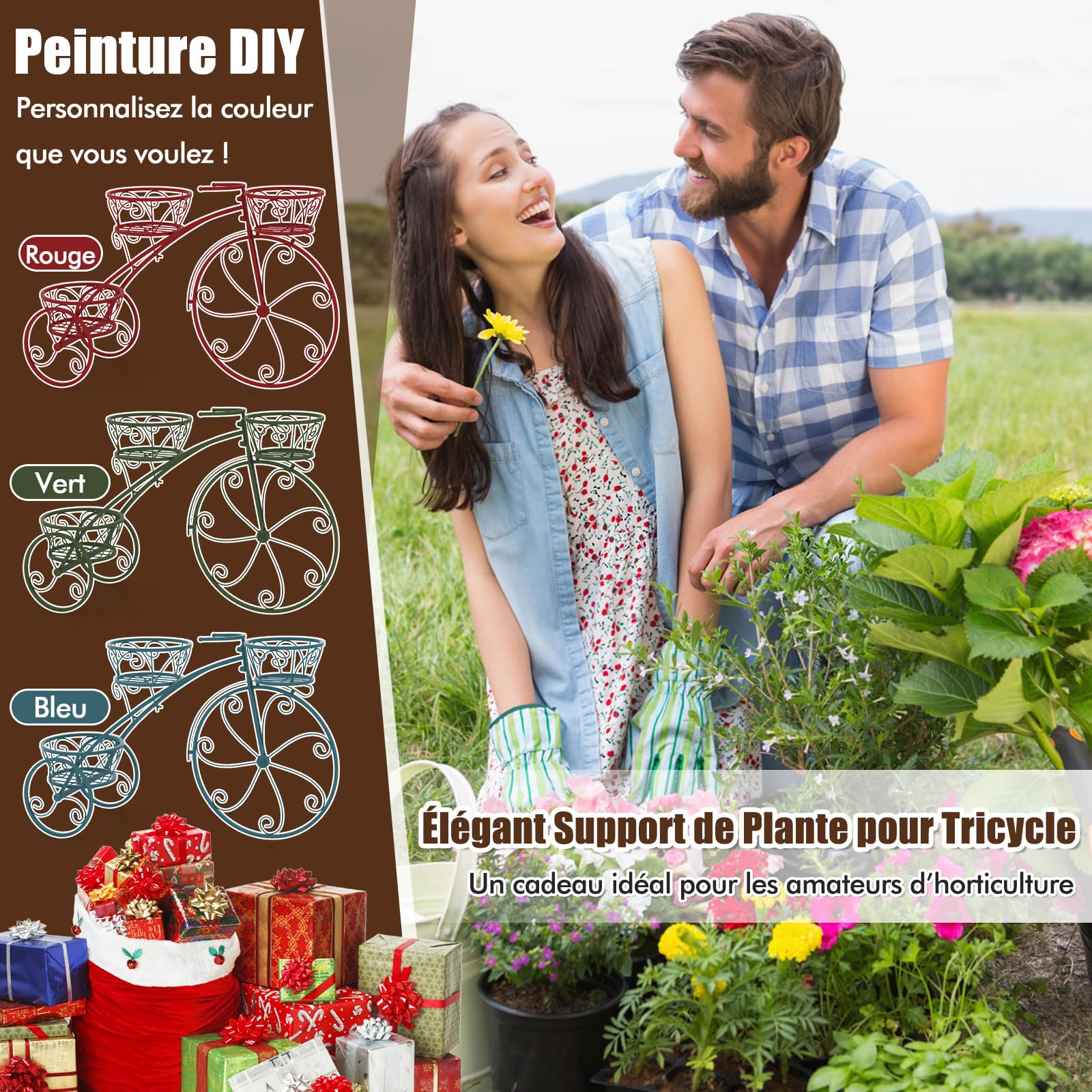 COSTWAY Support pour Plantes Tricycle, Porte-Pot de Fleurs en Métal à 3 Niveaux avec 3 Panier Découpés et Roues Élégantes Style Parisien, pour Patio Jardin Balcon (Noir)