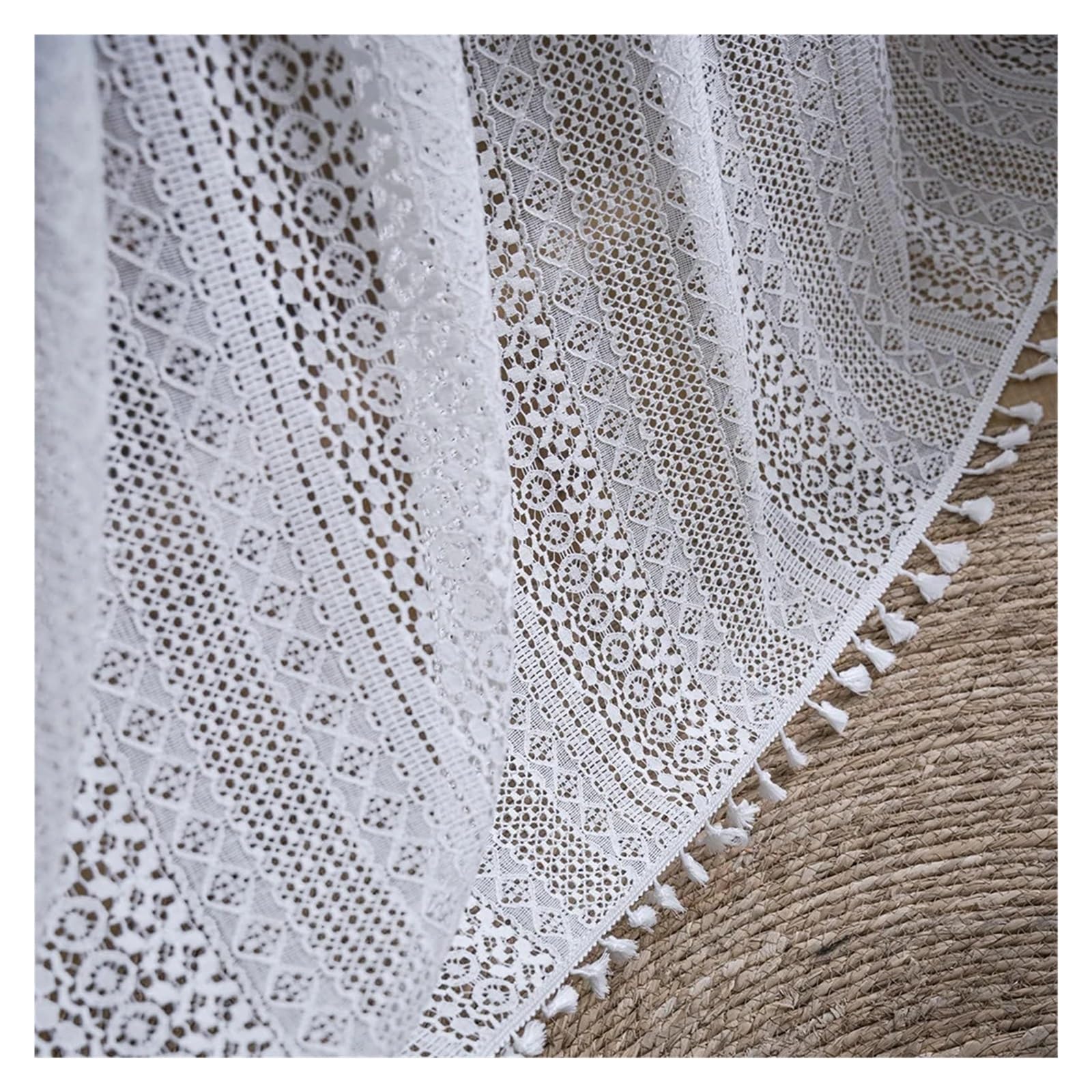 Rideaux en dentelle tricotés à la main au crochet, style bohème chic blanc 150x300 cm