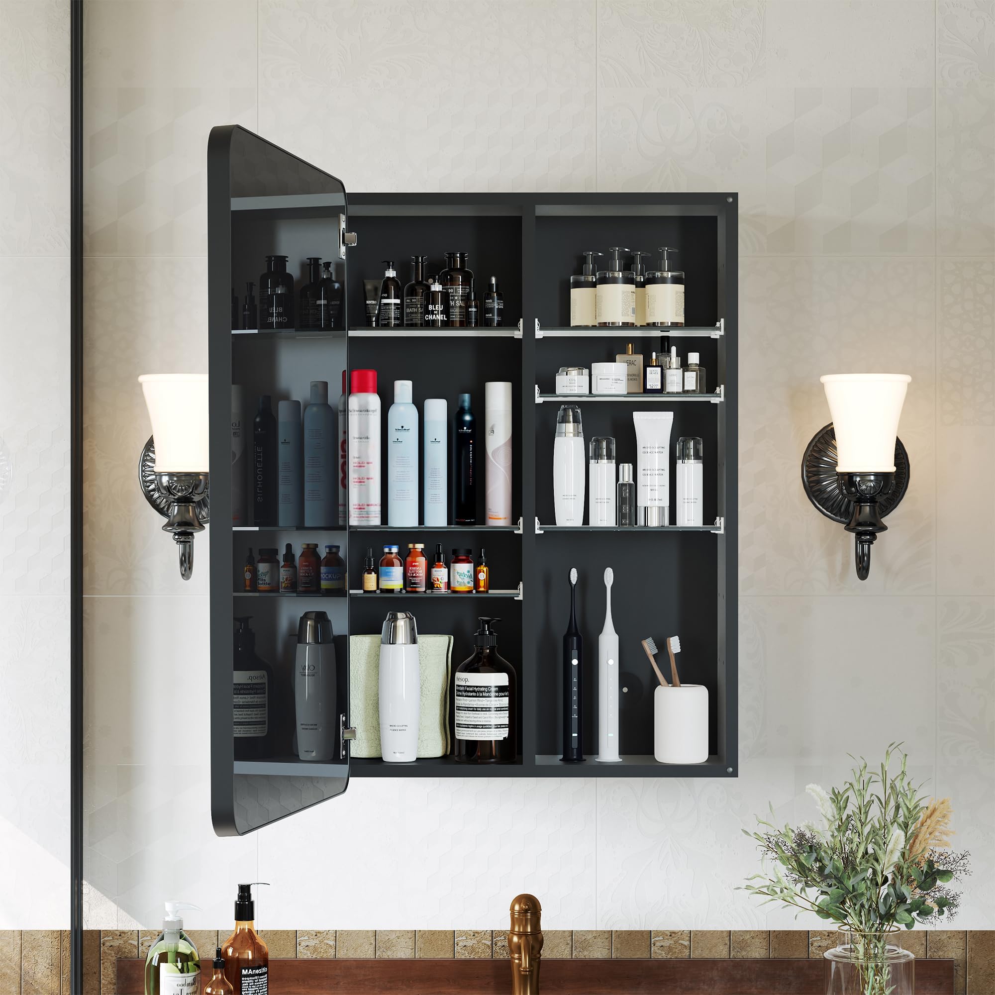 GoTiling Armoire Murale Salle de Bain avec Miroir: 40x60 cm Armoire Pharmacie de Toilette - Meuble Mural de Rangement avec Étagères Réglables - Cadre Noir Mat