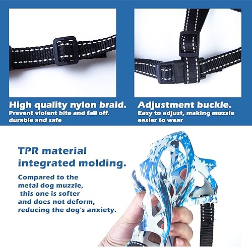 Miniatura 4 de Bozal para perro  Bozal elástico suave para evitar mordeduras, bozal transpirable para perros pequeños, medianos y grandes (azul camuflaje)