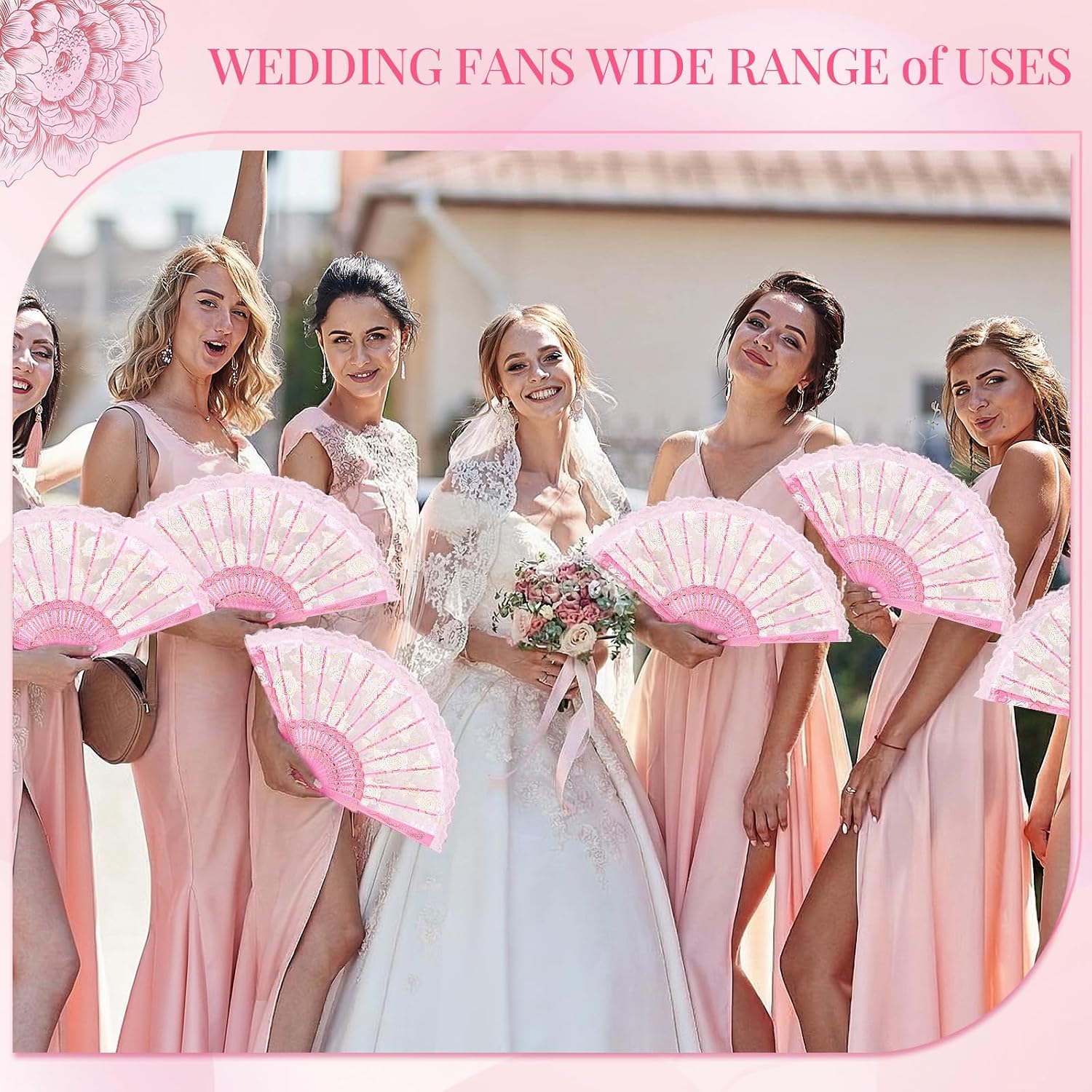 Beeveer 24 Pack Lace Folding Hand Fans for Wedding, Pink, Classic Style