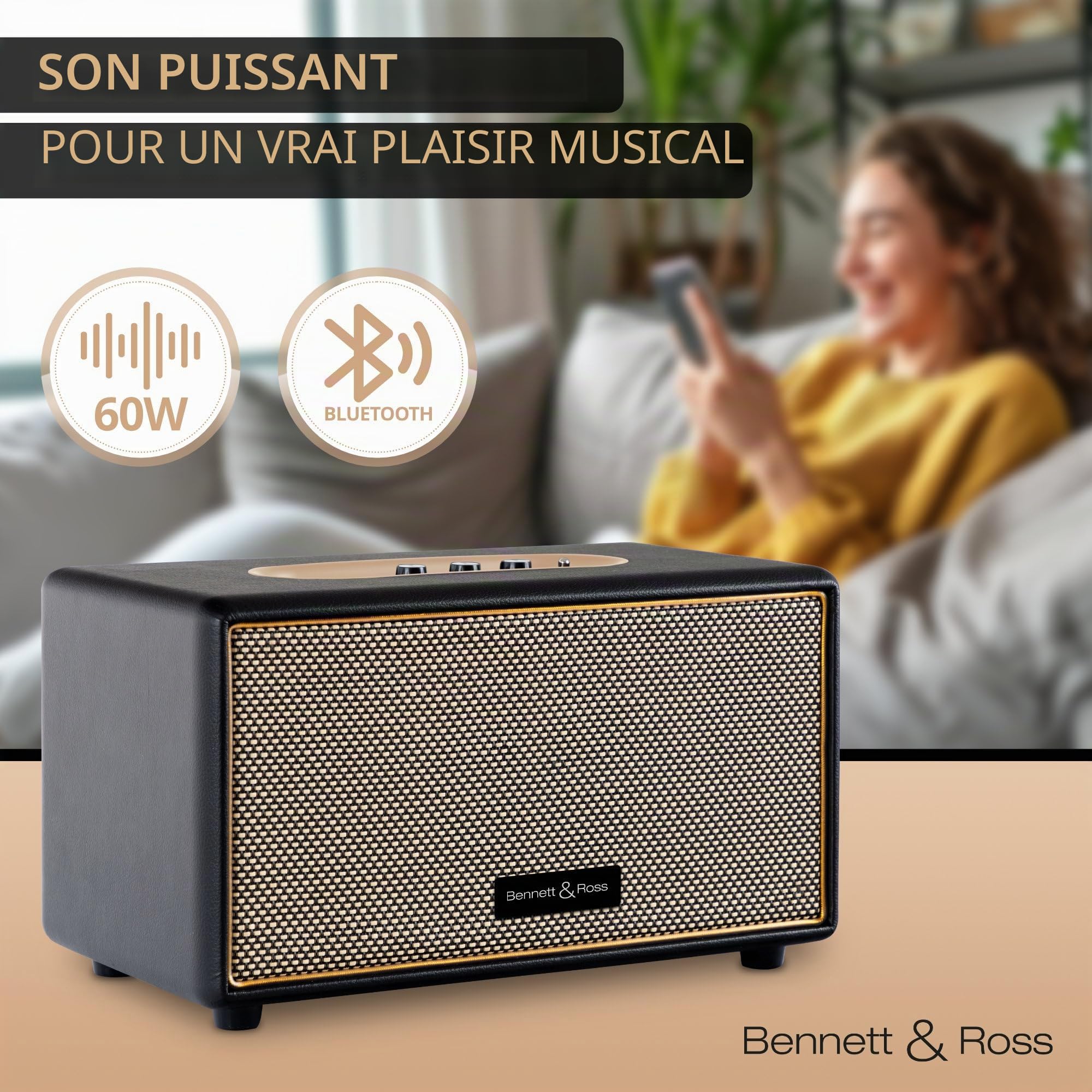 Bennett & Ross BB-860BK Blackmore Haut-Parleur Bluetooth rétro en Cuir - Haut-Parleur Vintage avec 2X 30W - Speaker Entrée USB avec Lecteur MP3 - Jack 3,5 mm avec aux-in - Enceinte en Noir