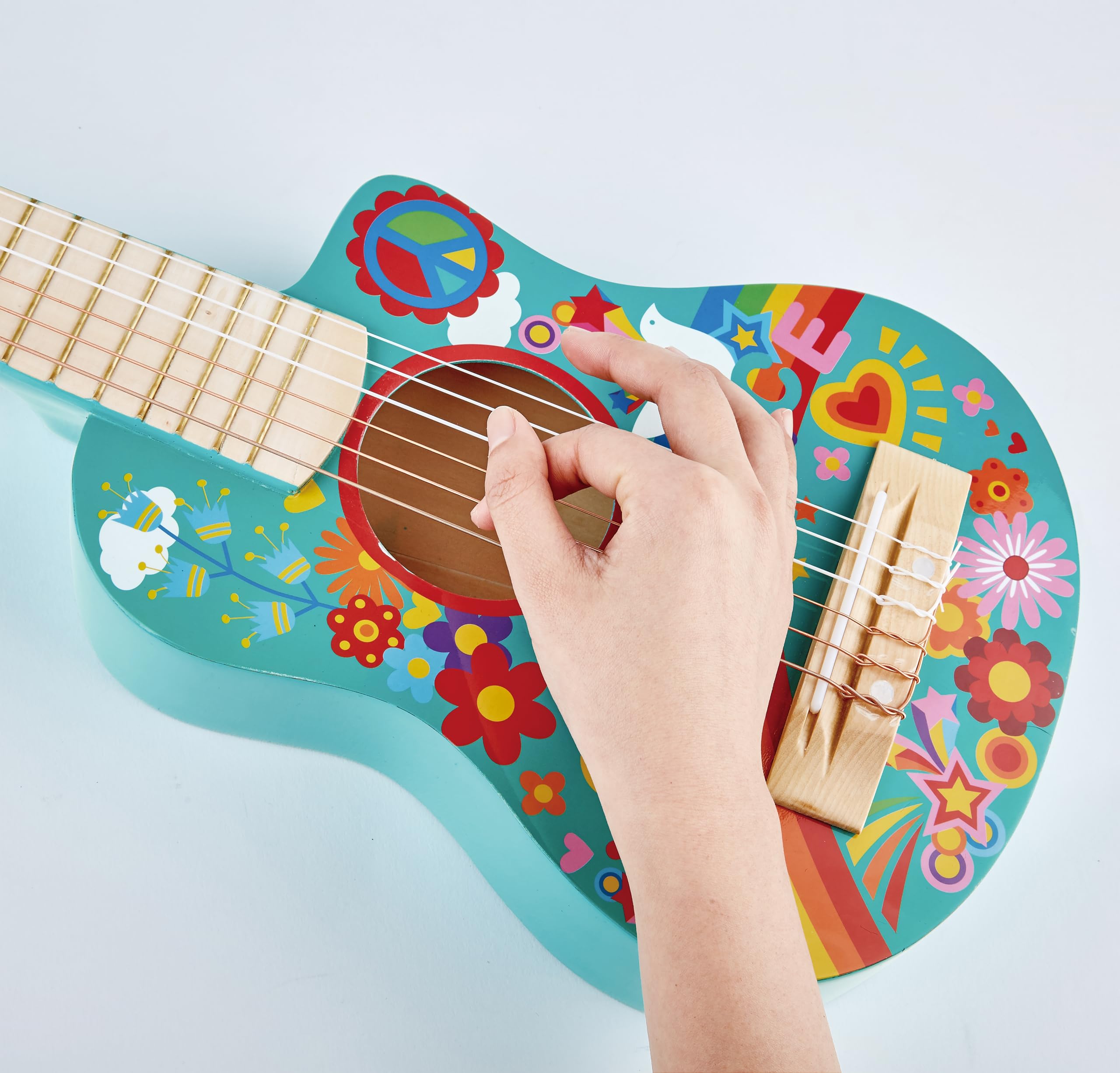 Hape - Chitarra Figli dei Fiori Blu | Strumento Giocattolo in Legno con Decorazioni Flower Power per Bambini dai 3 Anni in su
