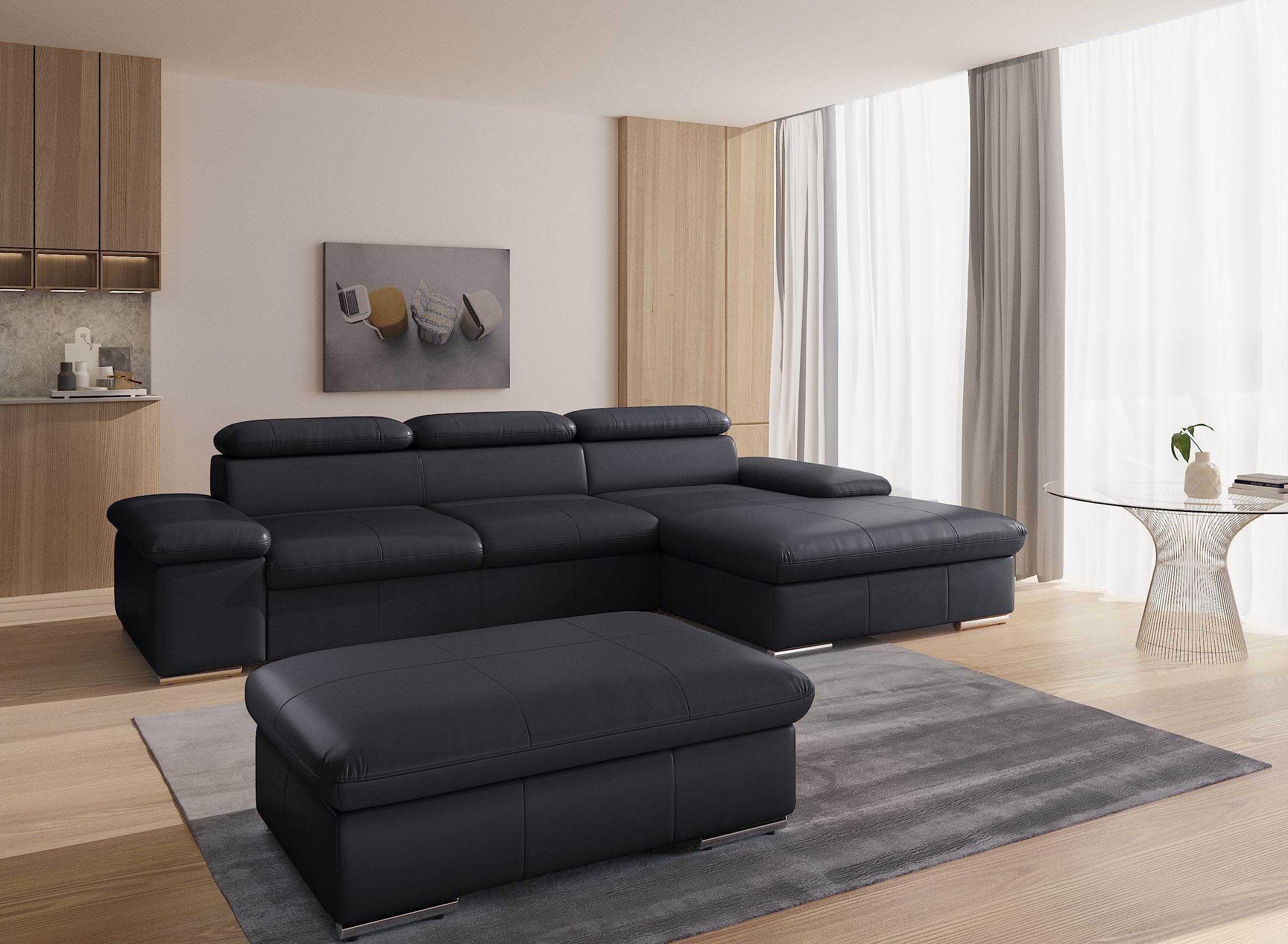 CAVADORE Leder-Schlafsofa Valerie mit XL-Longchair / Eckcouch mit Schlaffunktion, Kopfteilverstellung + großem Longchair / 286 x 73 x 174 / Echtleder Schwarz