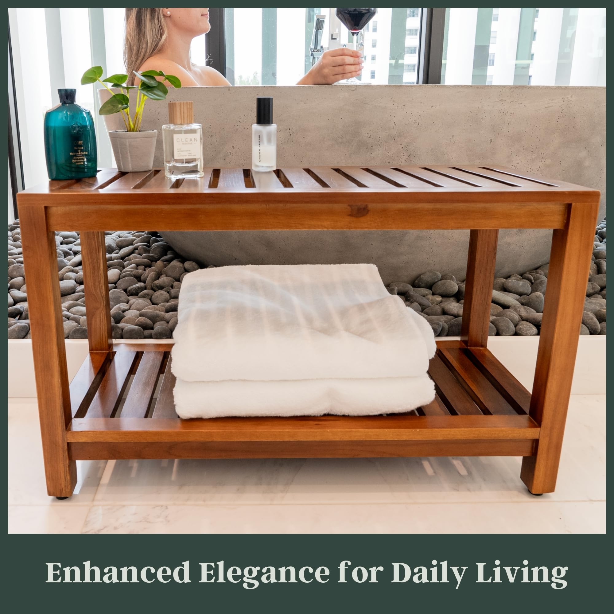 Banco de ducha de teca de 30 pulgadas, banco de madera totalmente montado con estante, resistente al agua, patas ajustables antideslizantes, para uso en spa, jardín o baño
