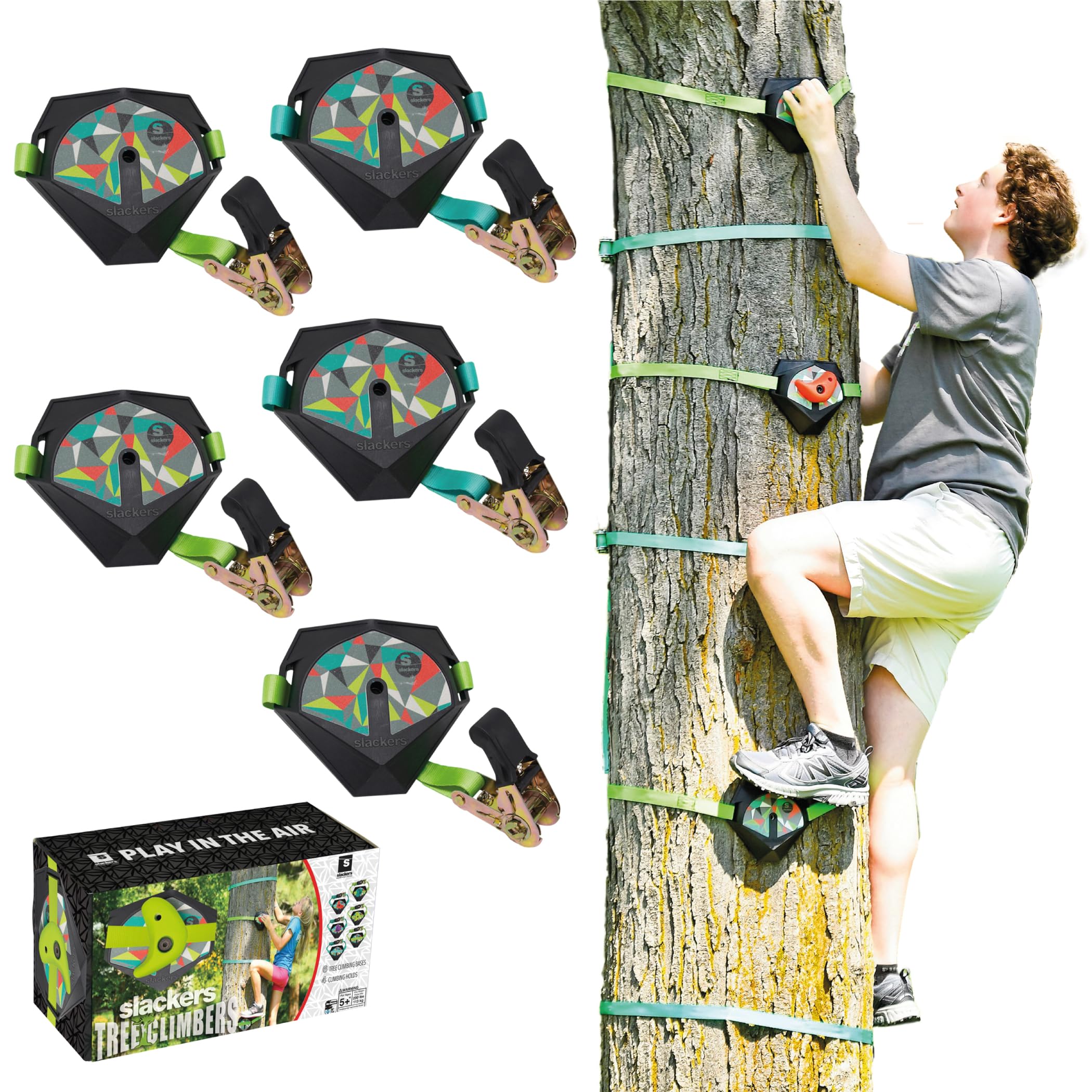 Slackers Ninja Treeclimbers Kletterset - 5 Baumtrittplatten mit Anti-Rutsch-Griptape & 4 Klettergriffen - Kletterhilfe für Kinder & Familien - Baumklettern für Garten & Baumhaus - max. 113 kg