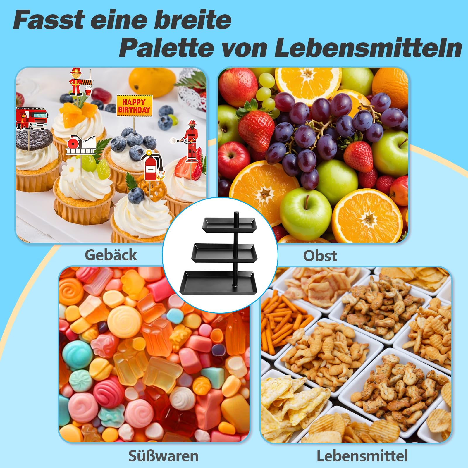 W&H Etagere 3 Etagen Mit Verstellbarem Winkel, Schwarz Drehbar für Unterhaltung und Party - Aus Rostfreiem Stahl für Dessert, Kuchen, Gebäck, Keks, Obst - Wiederverwendbar