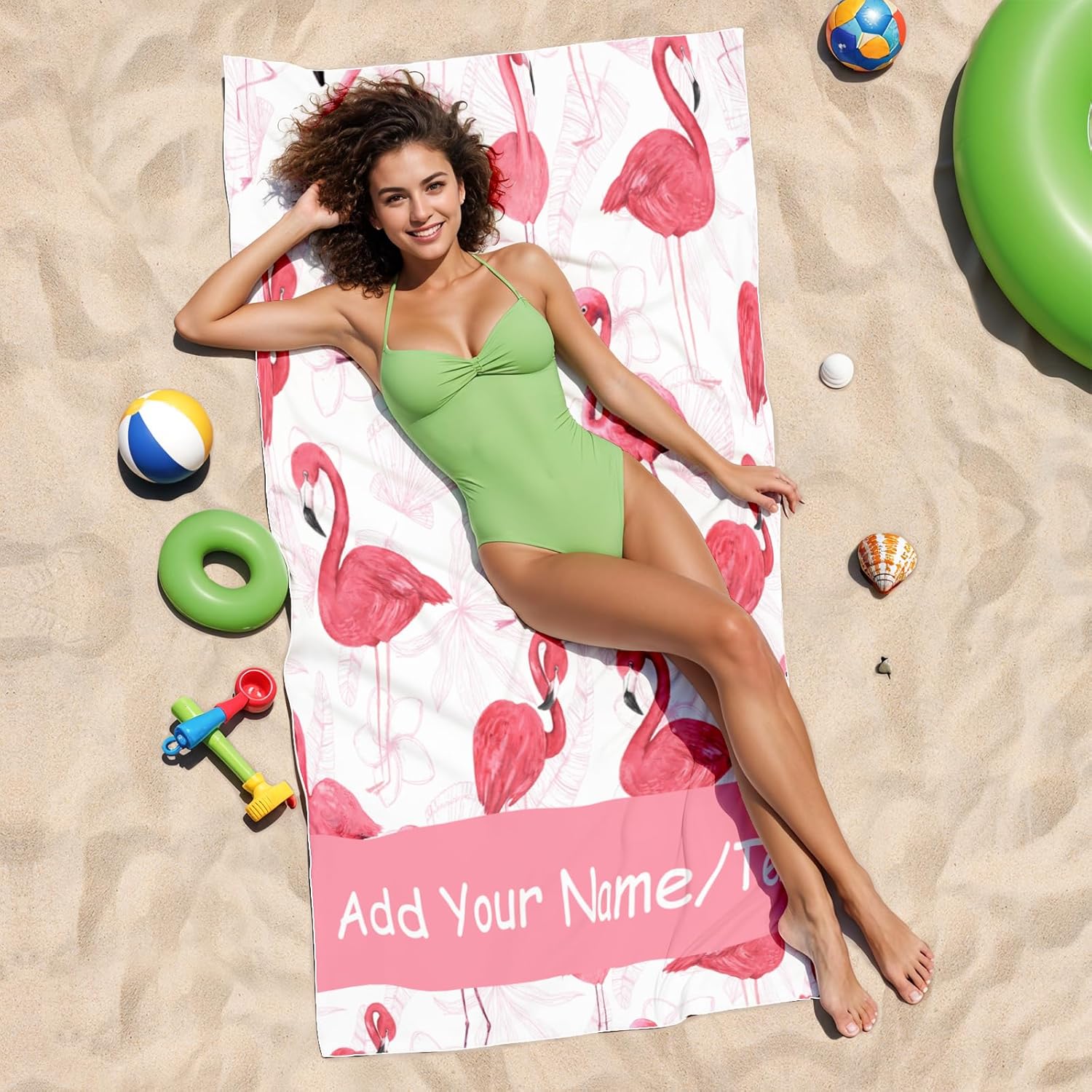 Beach Towel for Kids Adults, Personalized Flamingo Beach & Bath Towels Gift with Name for Girls Women, Cute Custom 40x70 Inches Microfiber Sandproof Towel for Pool Gym Seaside Bathroom