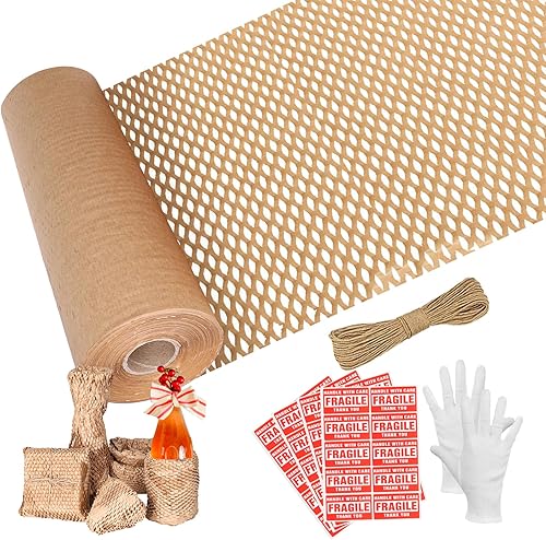 Papel de embalaje de panal, papel de embalaje de 15 x 165 pies para mover papel de embalaje de panal reciclado con 40 calcomanías frágiles