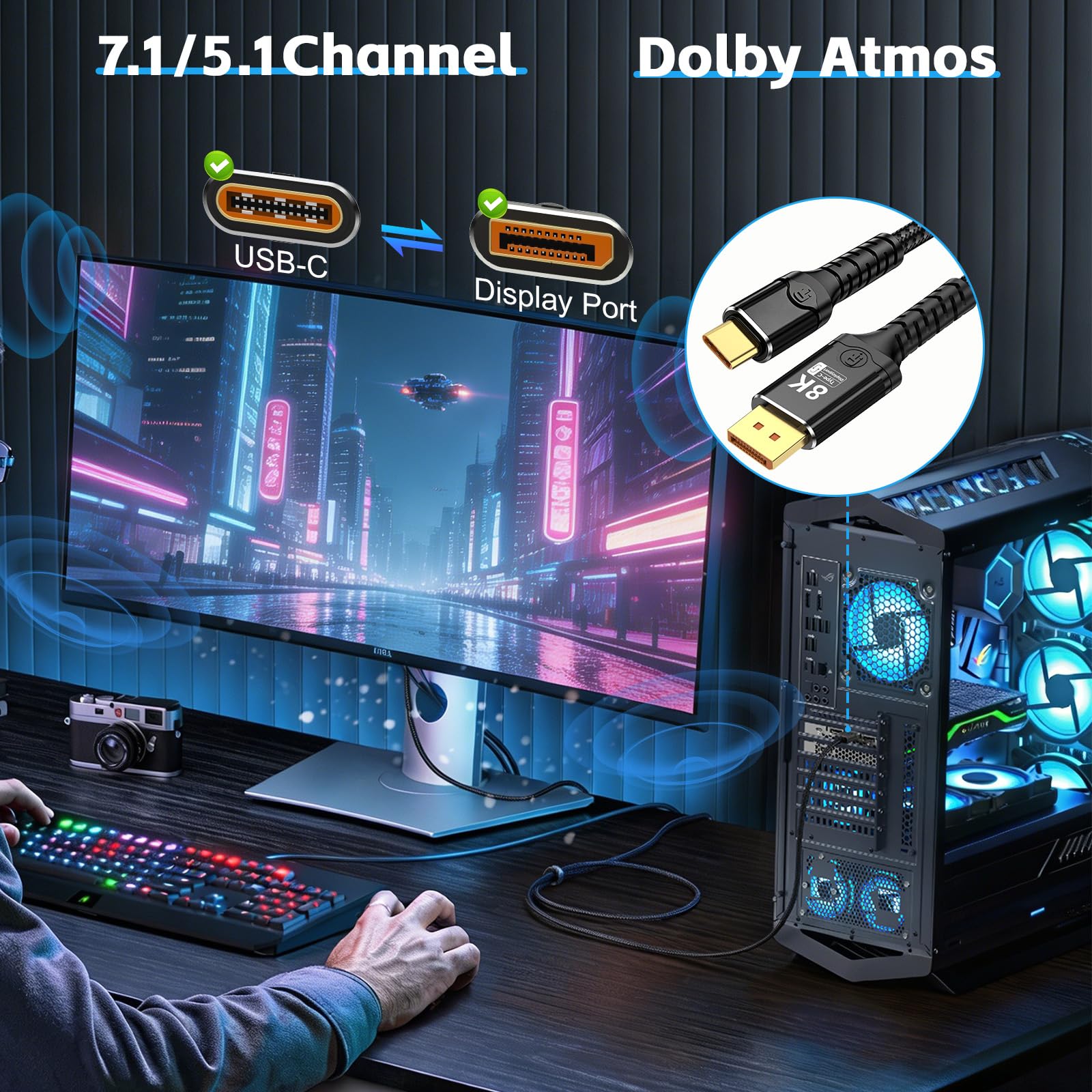 Kabel USB-C na Displayport 1.4, dwukierunkowy Thunderbolt 3/4/5 na DP, kabel USB-C na DP, obsługuje 8K@60Hz, kompatybilny z MacBook Pro/Air, Galaxy S25, iPad Pro, XPS 17, (1 m)