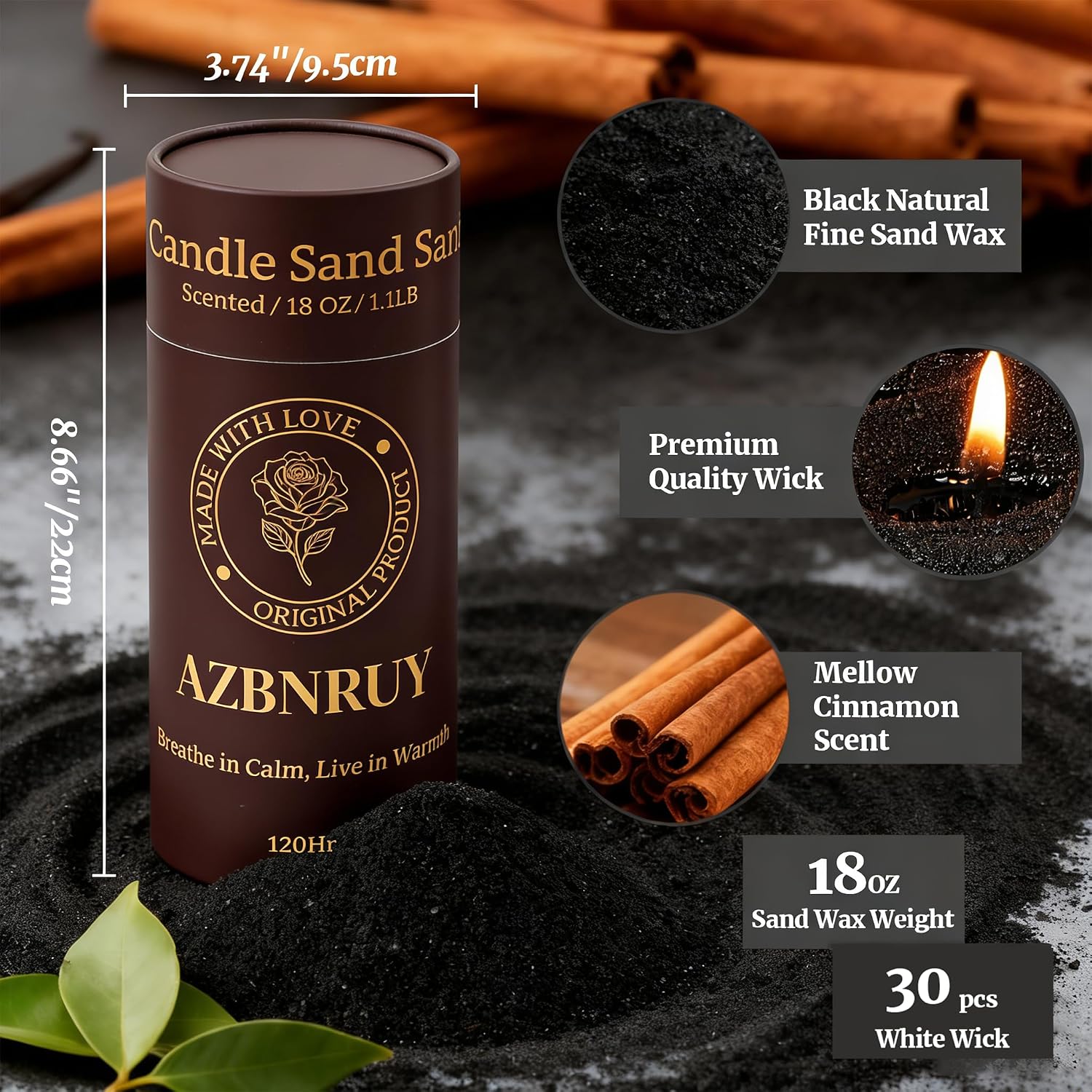 Pearled Candles Sand and 30 Wicks 18 Oz-Refillable Cinnamon Scented Pearled Candle Non Toxic Luxury Long Lasting up to 120 Hours-Scented Pearl Powder Wax Sand Candle Beads Kit for Candles Making Black