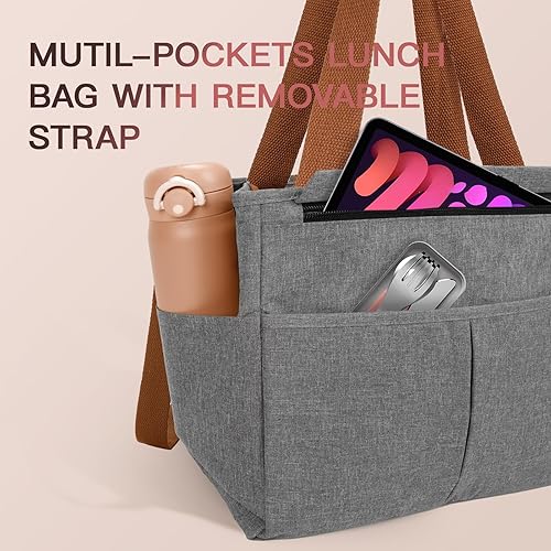 Miniatura 6 de Lonchera para mujer, lonchera grande aislada para hombres, bolsa de almuerzo para mujer con múltiples bolsillos para el trabajo, lonchera congelable