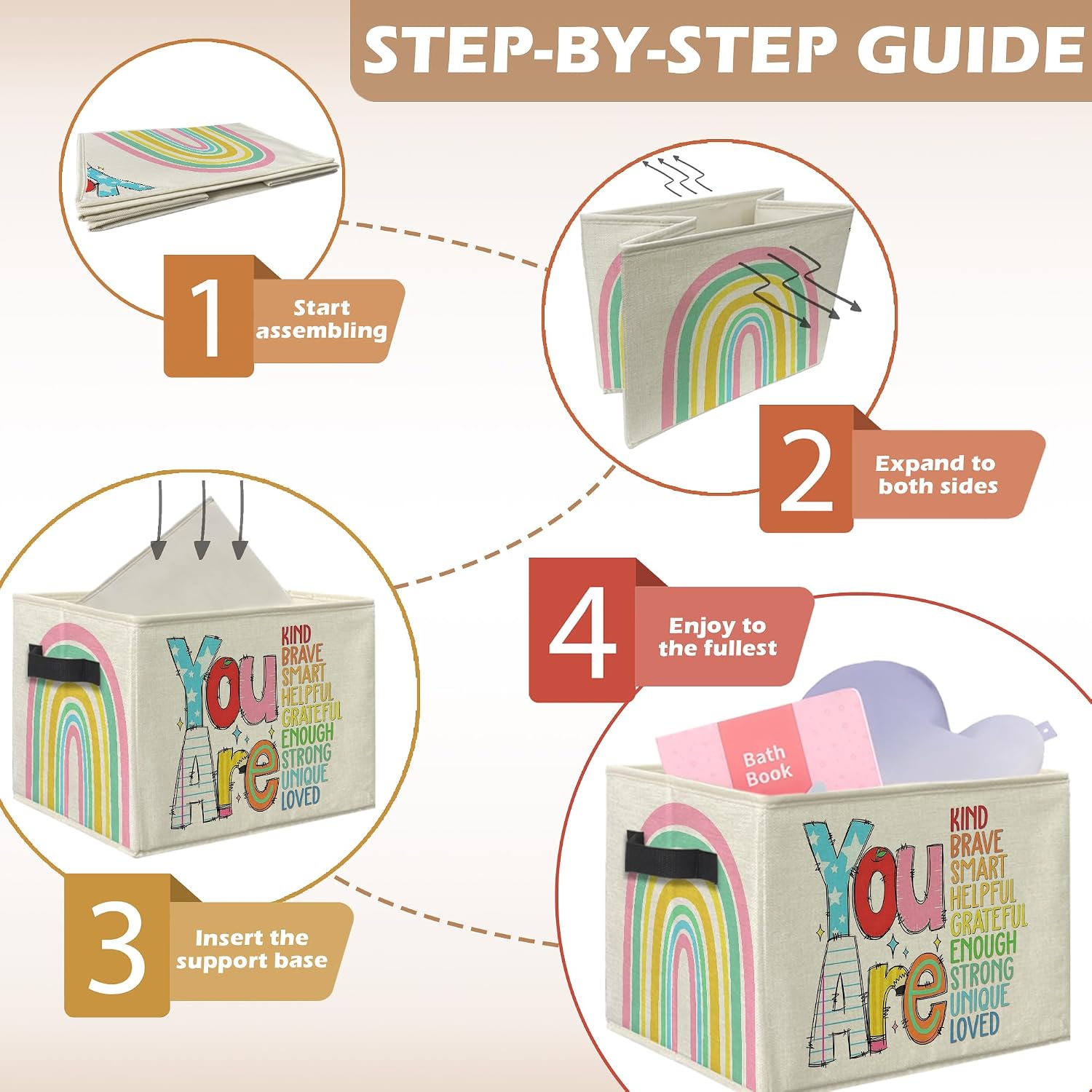 Boho Rainbow Inspirational Storage Bins, Positive Affirmation Gifts for Collapsible Storage Box Laundry Basket with Handle for Home Bedroom Bathroom Playroom Clothes Books