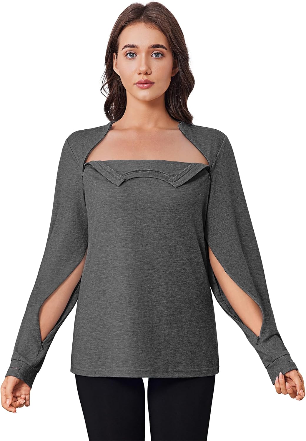 Deyeek Chemo Shirts for Port Access Women Long Sleeve Shoulder Post Surgery Shirt Dialysis Sweatshirts with Arm Zipper
