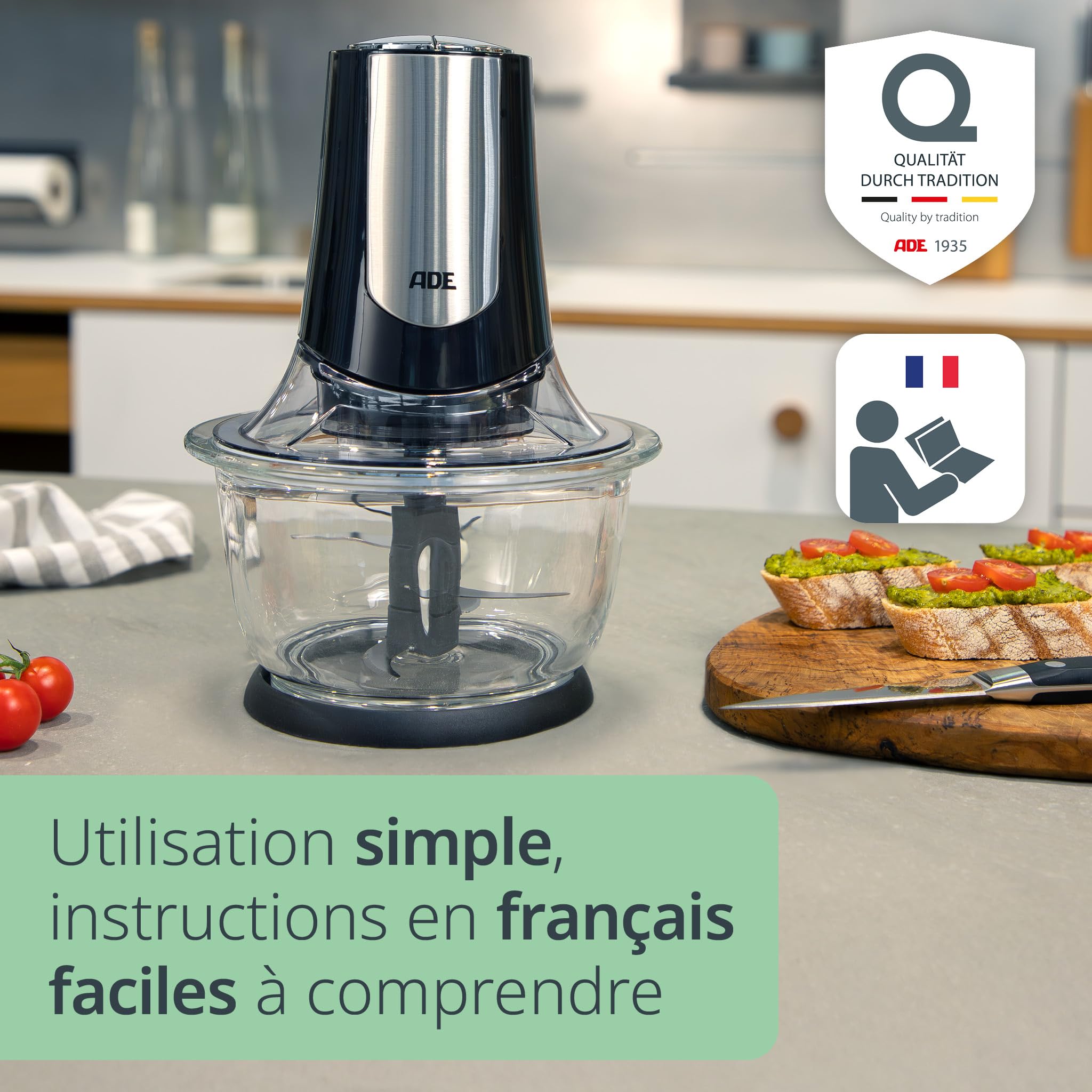 ADE Hachoir électrique puissant | moteur puissant de 500 W | grand bol en verre de 1,2 l | 4 lames en acier inoxydable | 2 vitesses | oignons, légumes, viande | hachoir universel et multi-usages