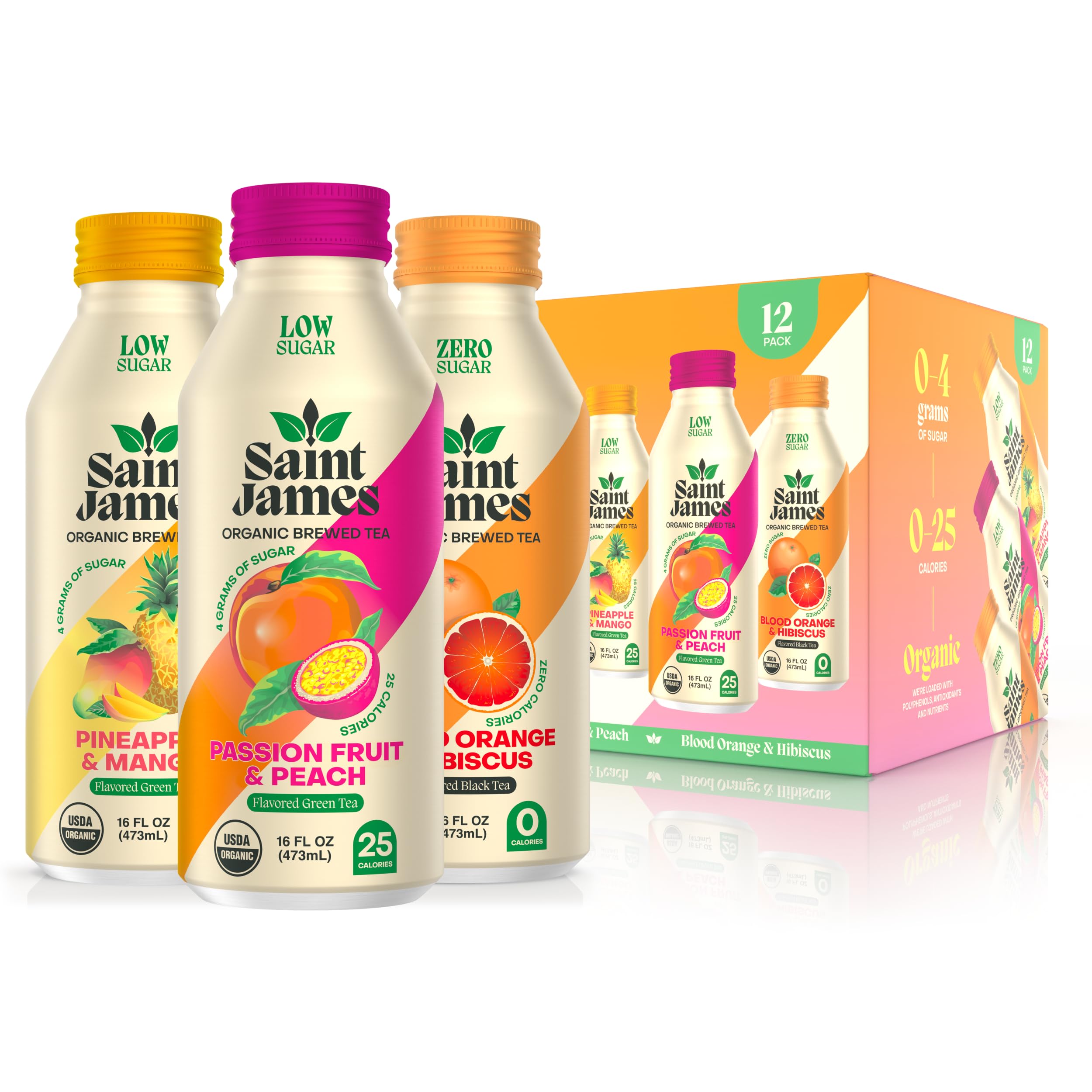 Saint James Iced Tea - Organic Green & Black Tea - Non GMO, Gluten Free, Low Calorie & Low Sugar - Paradise Variety Pack, 12 Pack (16 fl oz each)