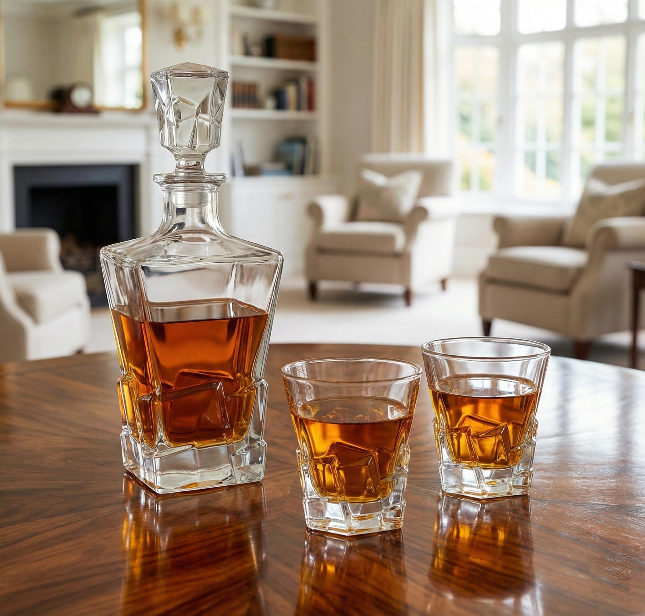 Glasmark Krosno 1992 Decantador con Vasos 3 piezas para Whisky y Licores - Decantador de Vidrio 850 ml y 2 Vasos 240 ml - en Caja de Regalo Negra - Diseño con Carácter
