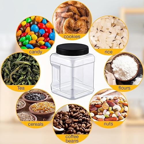 Miniatura 4 de Suclain 6 tarros de plástico transparente con tapas de 32 onzas, 42 onzas, 60 onzas, recipientes de plástico cuadrados con asas fáciles de agarrar,