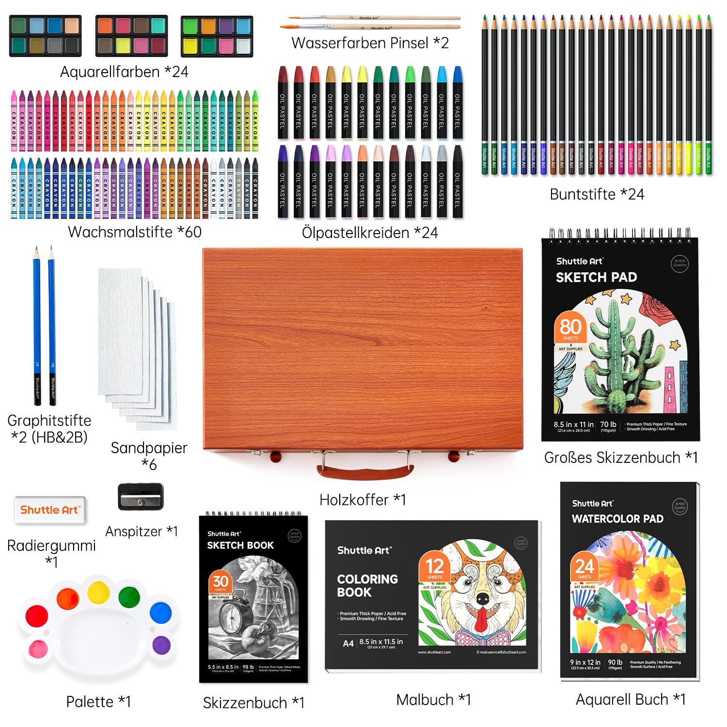 Shuttle Art 149 teiliges Malset, Deluxe Malkoffer mit Buntstift, Ölpastellkreide, Aquarellfarben, Wachsmalstifte, Malbuch, Aquarellblock, Holzkoffer, Künstlerkoffer, Malset für Kinder und Erwachsene