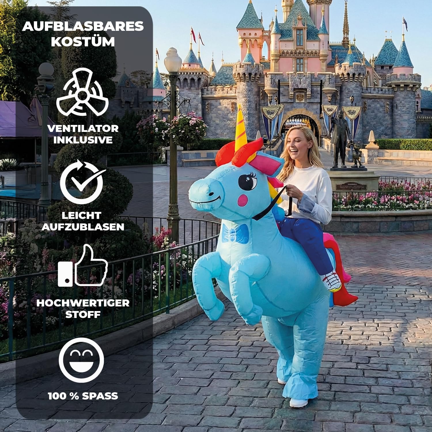 AirSuit® Aufblasbare Verkleidung Blaues Einhorn | Ungewöhnliches Kostüm in Erwachsene | Größe 160 bis 190cm | Premium Qualität | Aus sehr strapazierfähigem Polyester | Aufblassystem | OriginalCup®