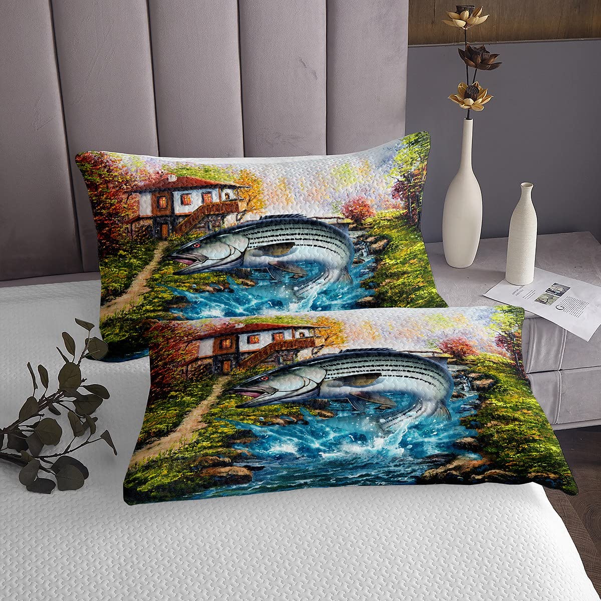 Grote Snoek Vis Coverlet Set Jacht en Vissen Gewatteerde Sprei Voor Kids Jongens Visser Vissen Jacht Dier Gewatteerde Sprei Single Size