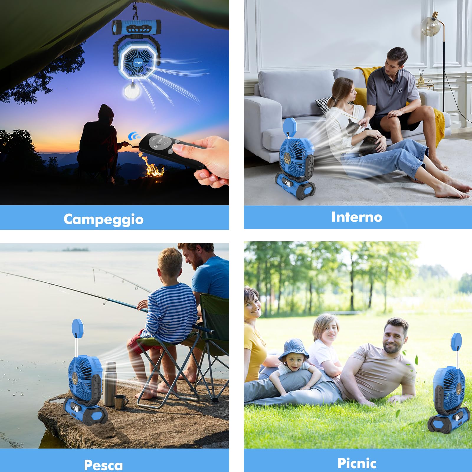 Ventilatore da Campeggio con Luce, Alimentazione a Batteria 20000mAh, Ventilatore Portatile Ricaricabile con Telecomando e Gancio Rotante a 360°, 4 Velocità per Interni, Viaggi, Camper (Blu)