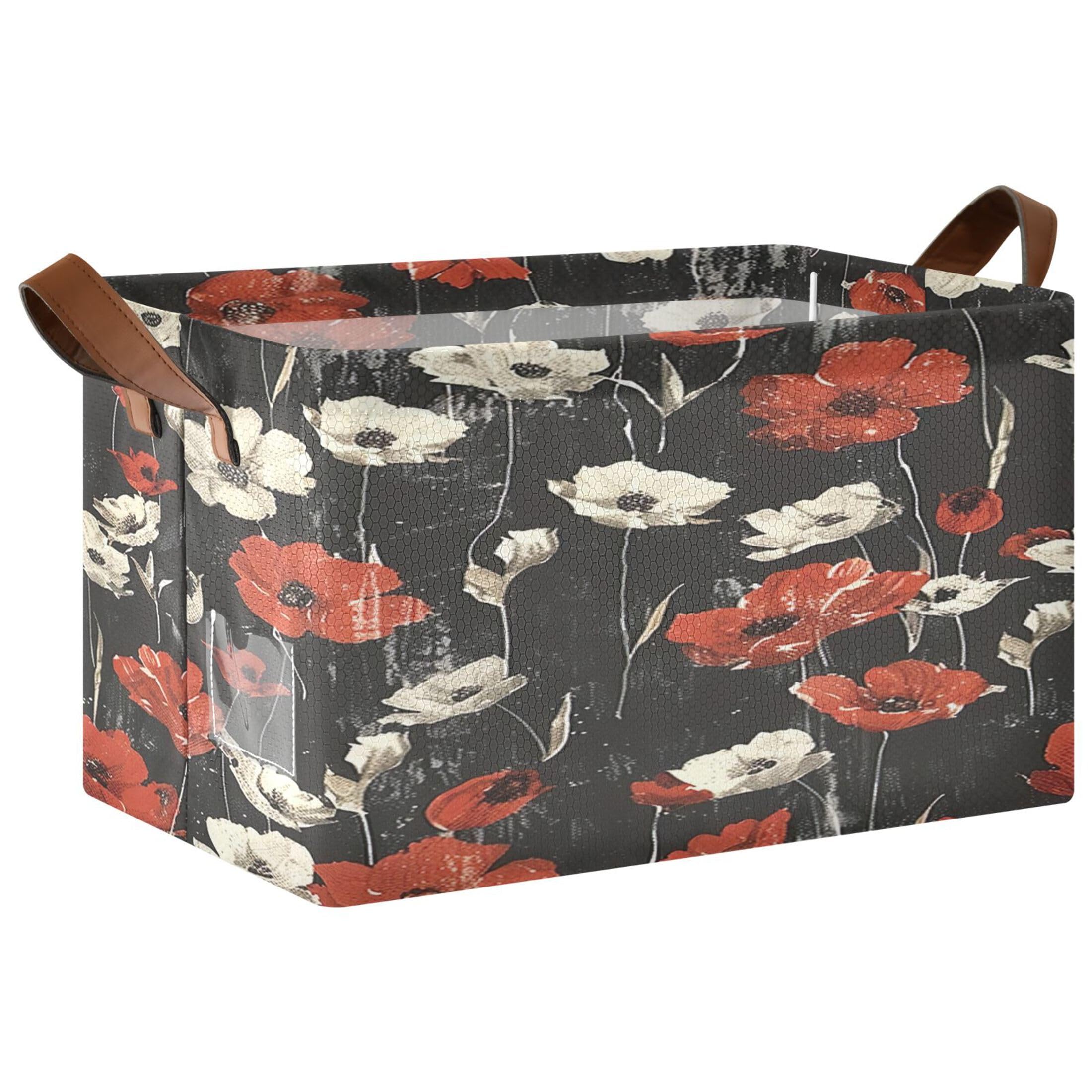 Kutsu Foldable Storage Basket Wildflowers Collapsible Storage Bin with Handles for Shelves, Rectangle Basket for Home Nursery Decor, 16.9x11.4x10 in