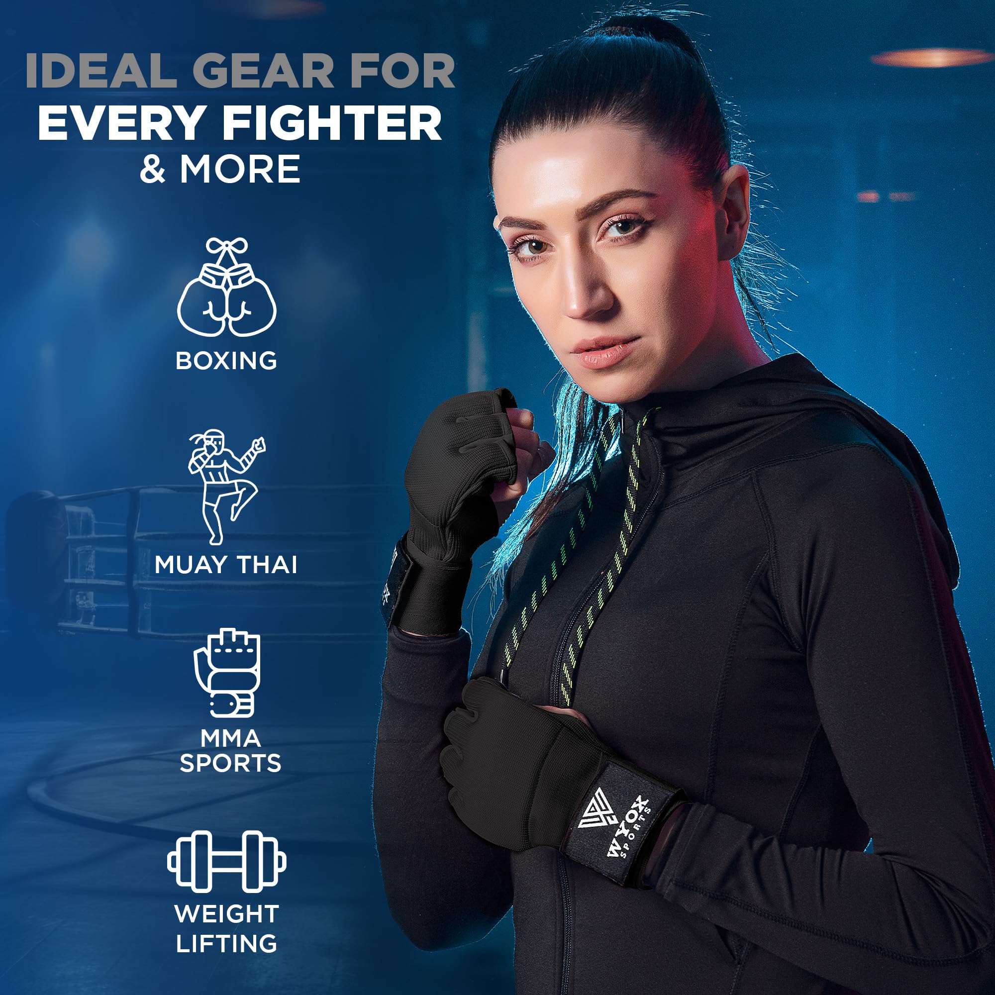 Wyox boxe guanti interni con imbottitura in gel mano Wraps Fist bende MMA Thai Muay training, Black