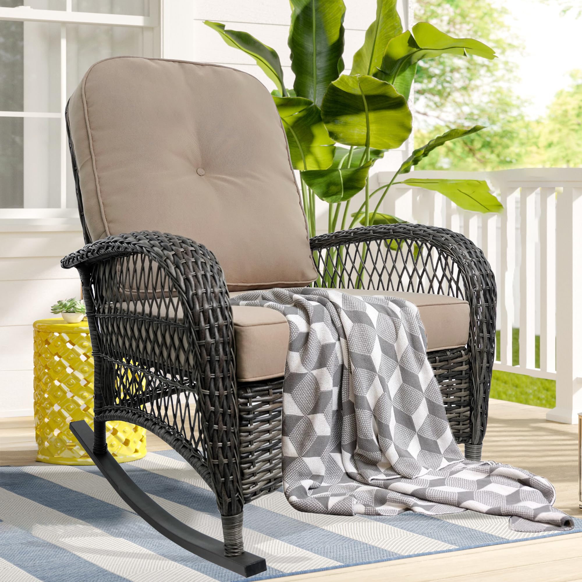 SENSWEET Outdoor Wicker Rocking Chair, Patio Rocking Chair with 4’’ Cushions,Rattan Rocker Chair with Widen Armrest,All Weather Wicker Rocker for