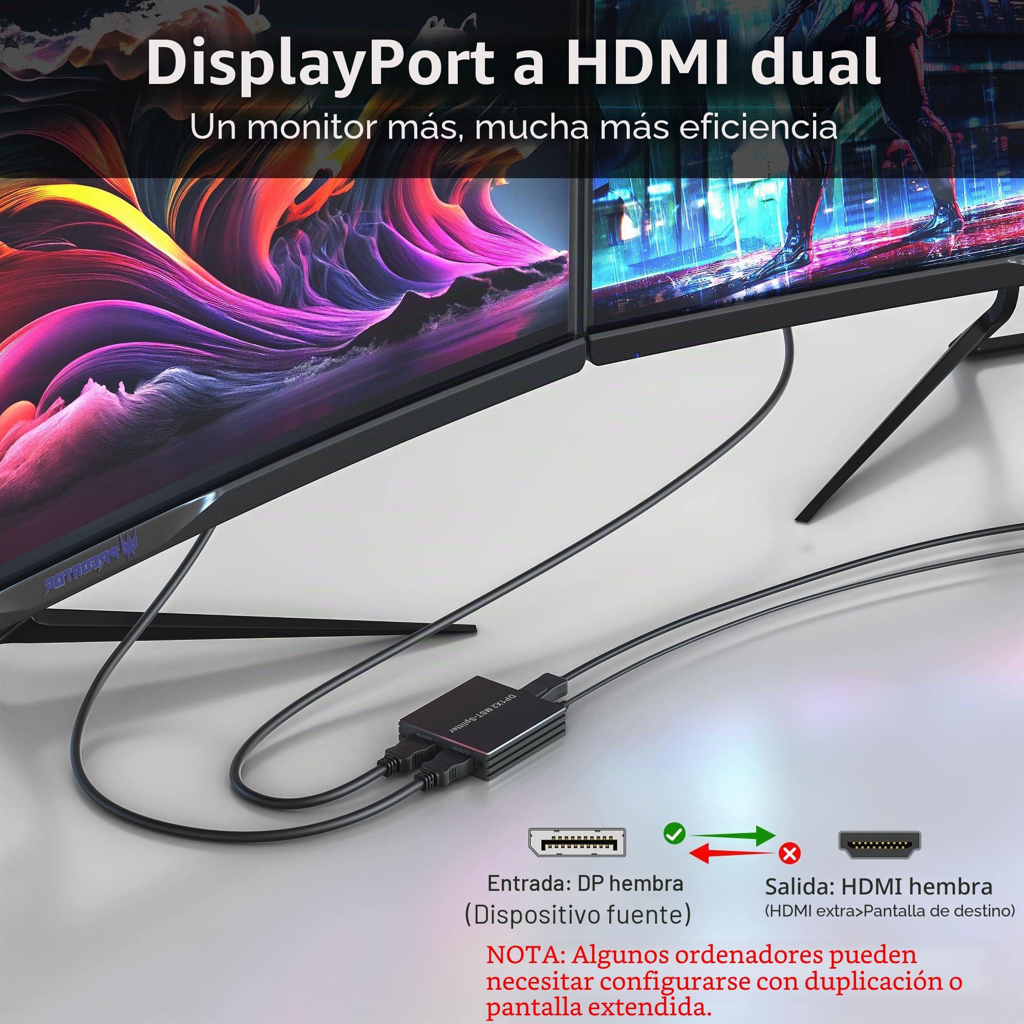 Adaptador DisplayPort a HDMI Dual - Divisor DP para Monitores Duales 4K @60Hz con Pantalla Extendida MST 1 en 2 Salidas Hub para PC, Tarjeta Gráfica y Más
