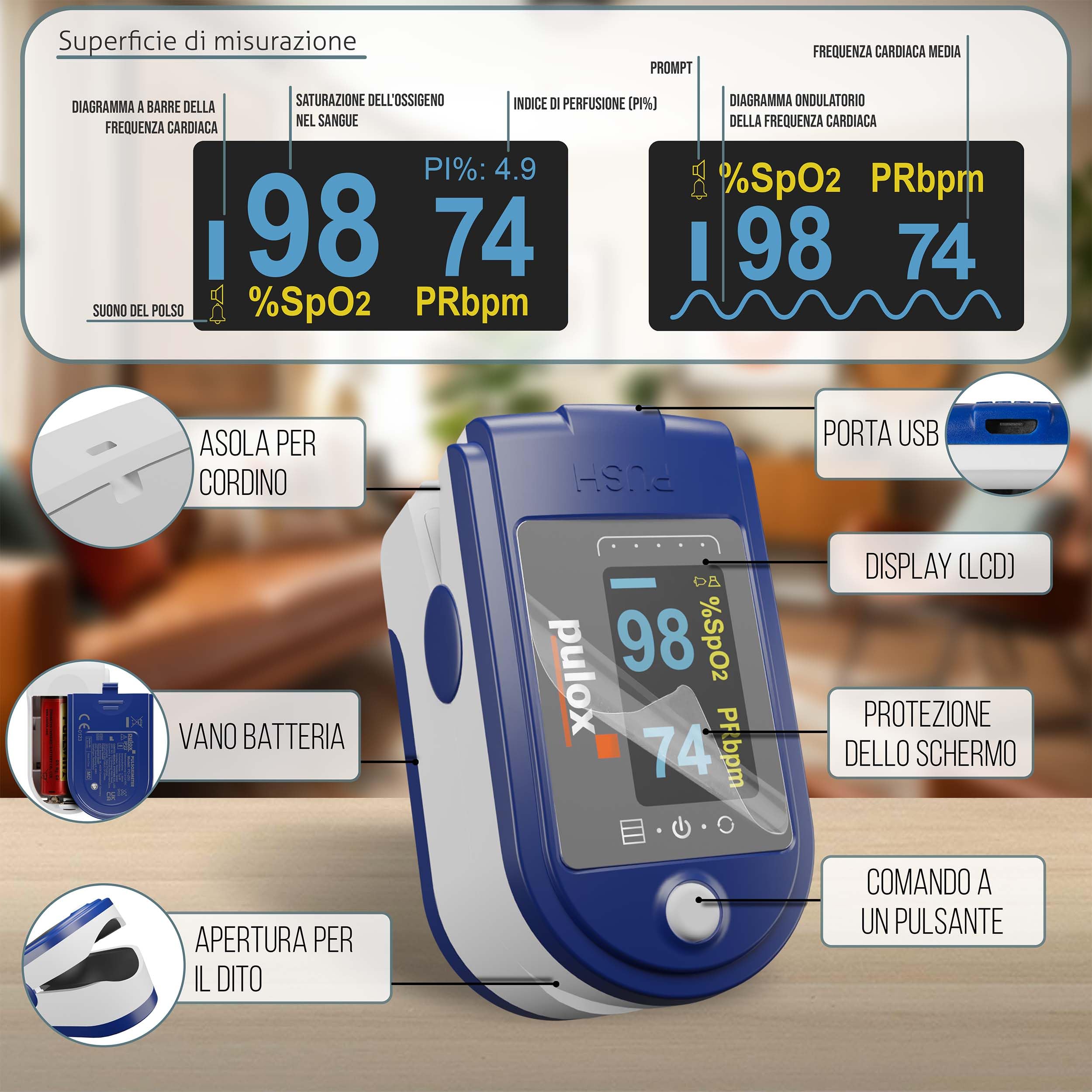 Pulossimetro Pulox PO-250 - Saturimetro da dito per misurare SpO2 e polso, funzione di allarme e registrazione e accessori